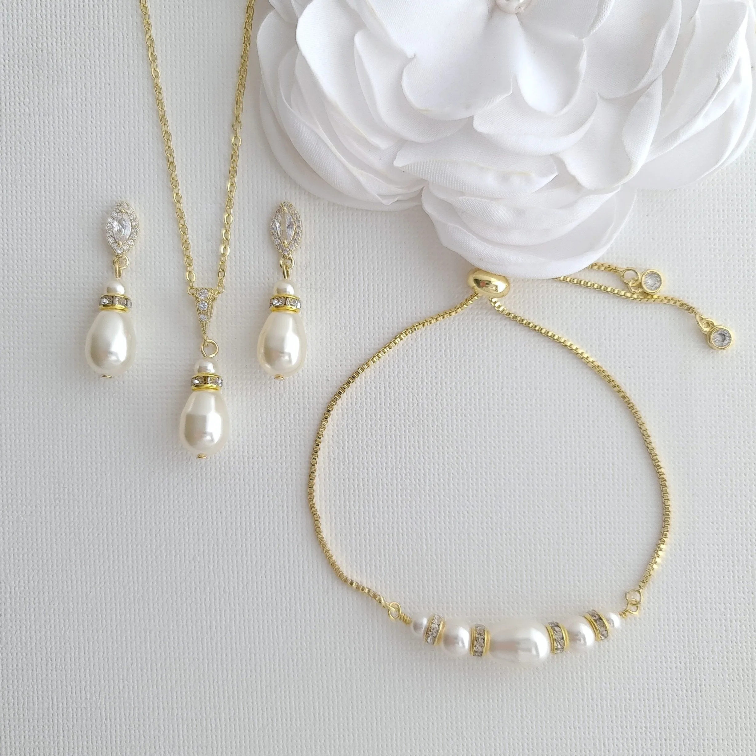 Pearl Earrings Necklace Bracelet Bridesmaids & Bridal Jewelry Set- Ella