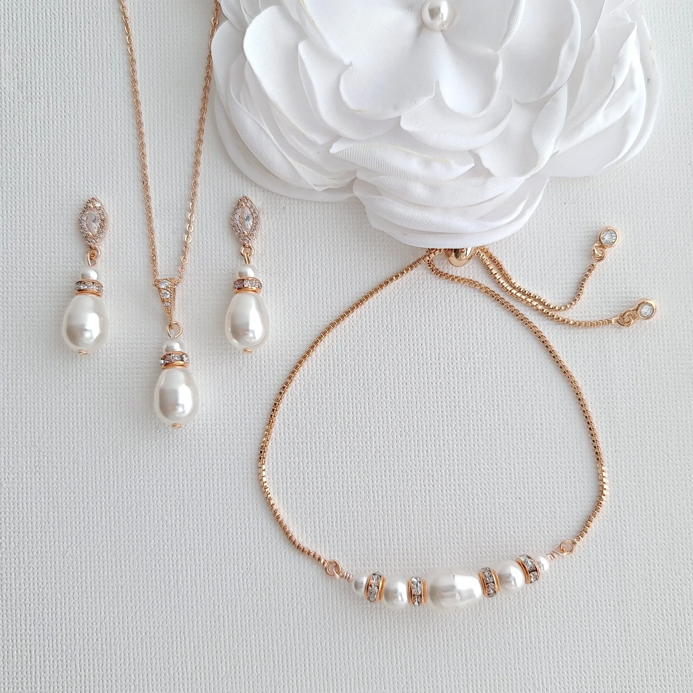 Pearl Earrings Necklace Bracelet Bridesmaids & Bridal Jewelry Set- Ella