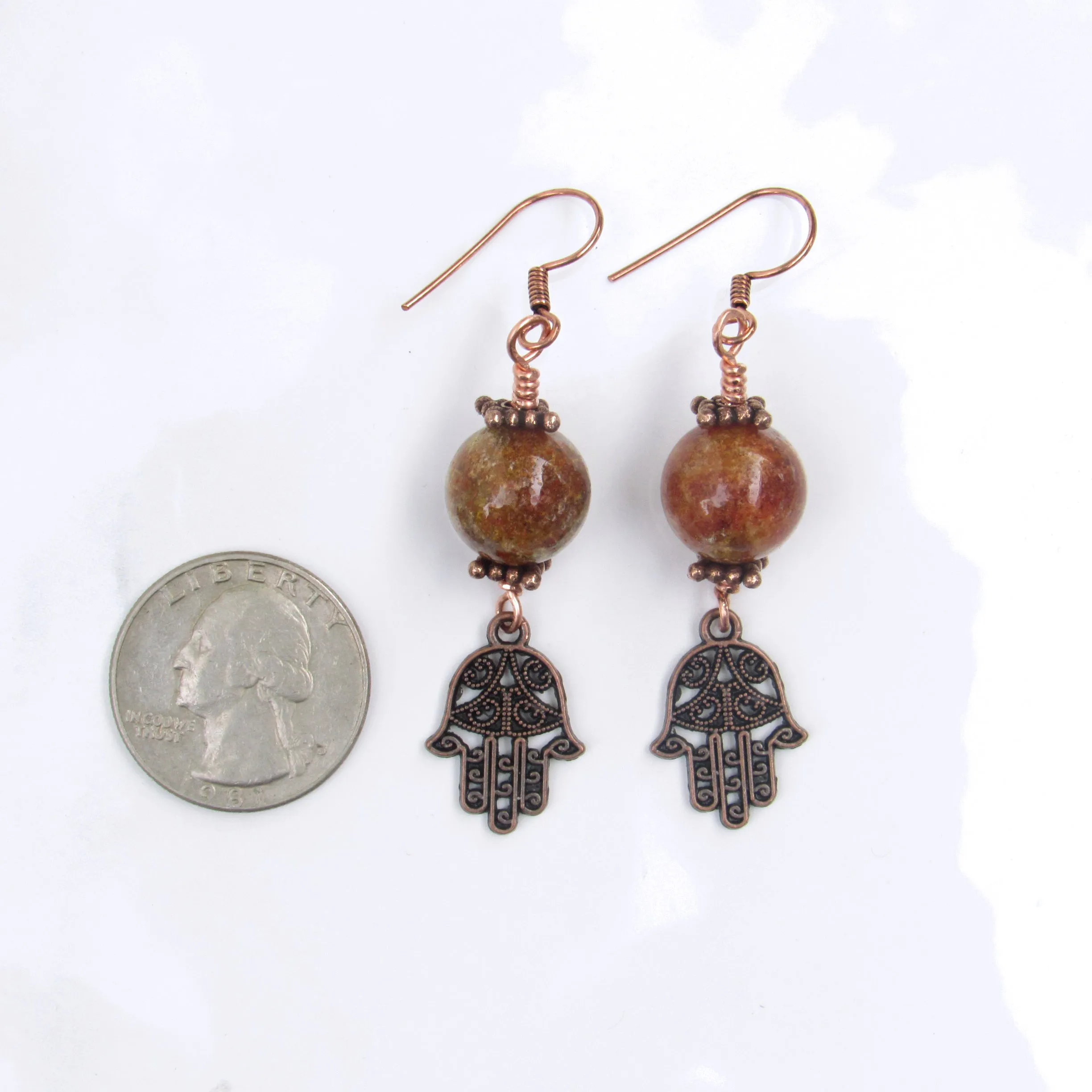 Phantom Ghost gemstones and Copper Hamsa Drop Earrings