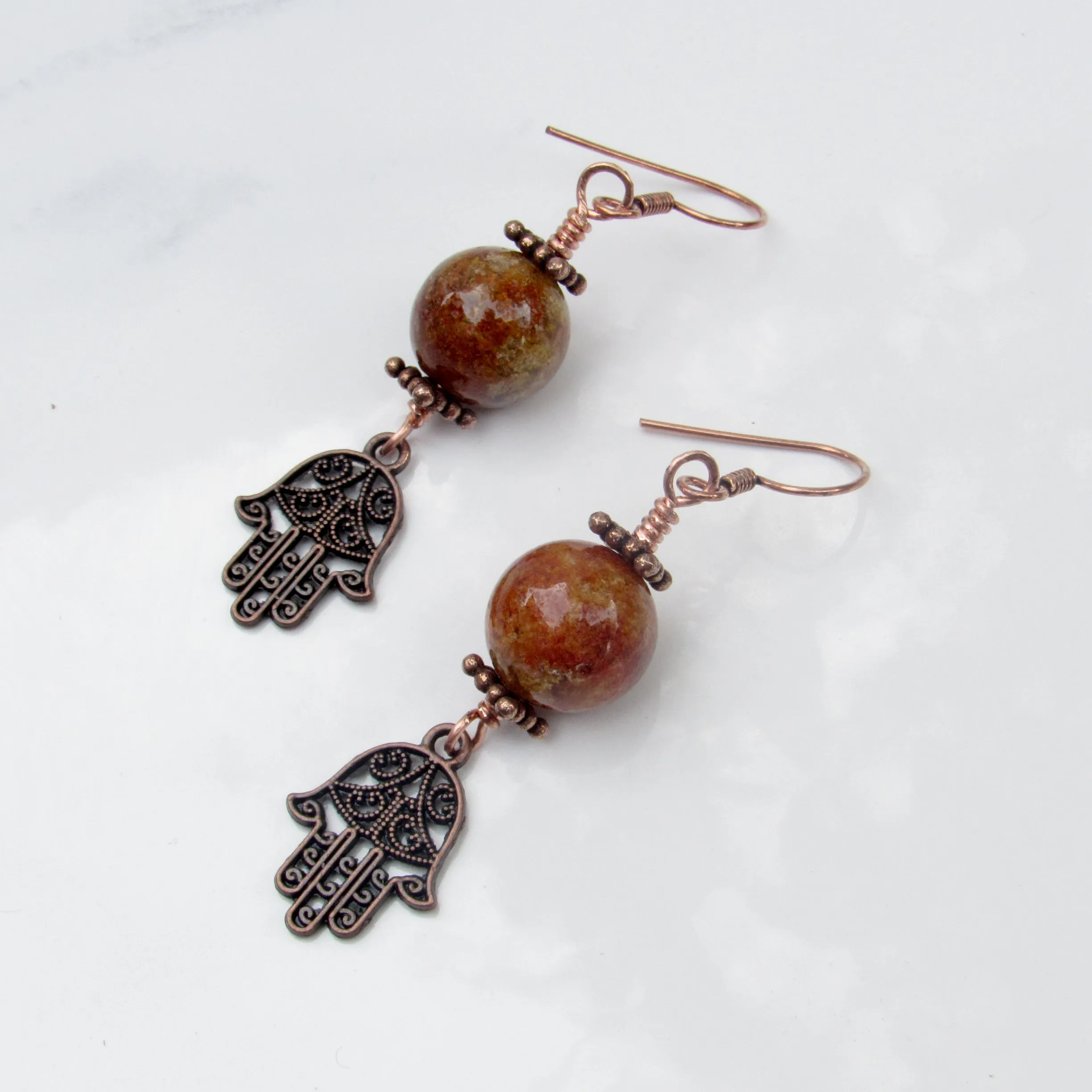 Phantom Ghost gemstones and Copper Hamsa Drop Earrings