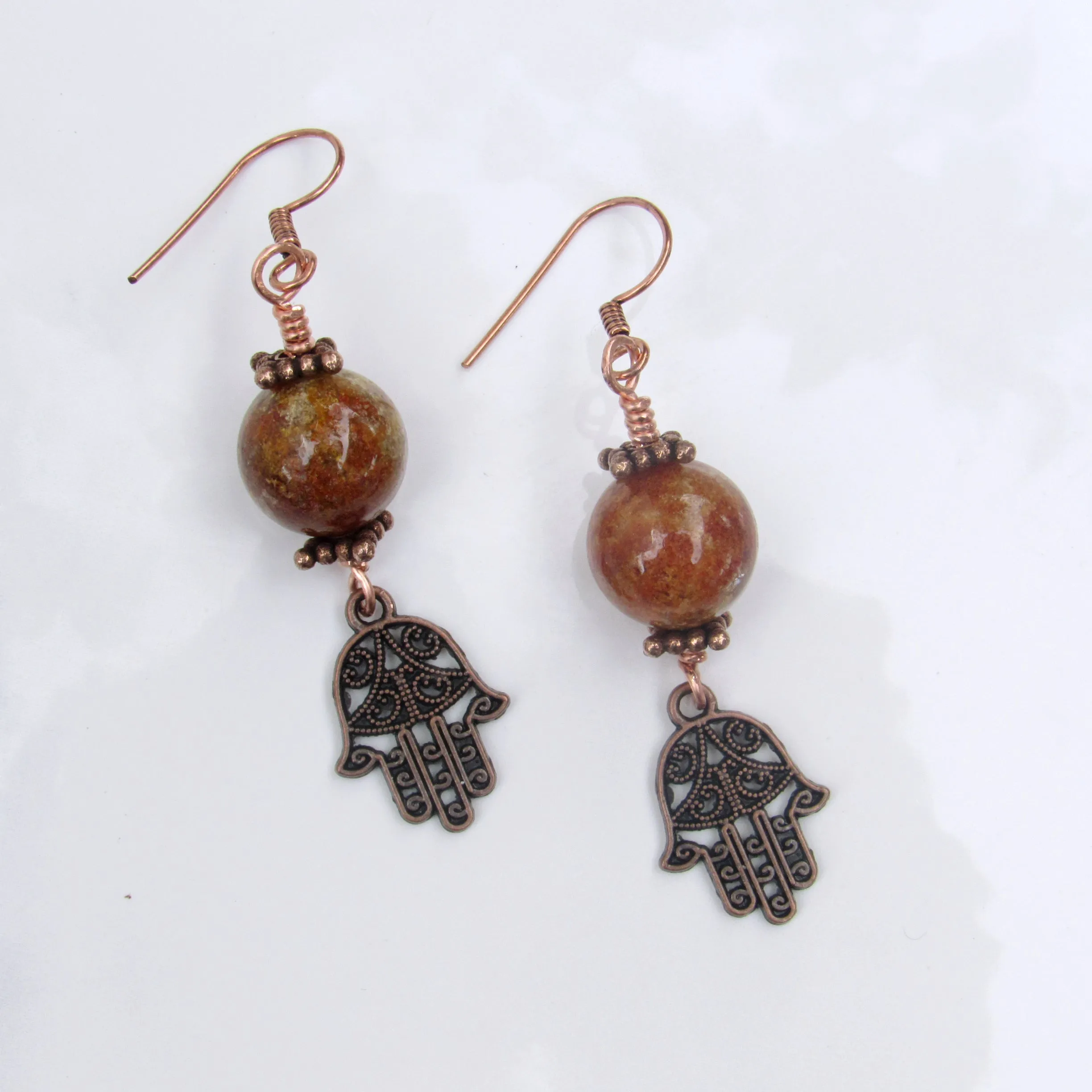 Phantom Ghost gemstones and Copper Hamsa Drop Earrings