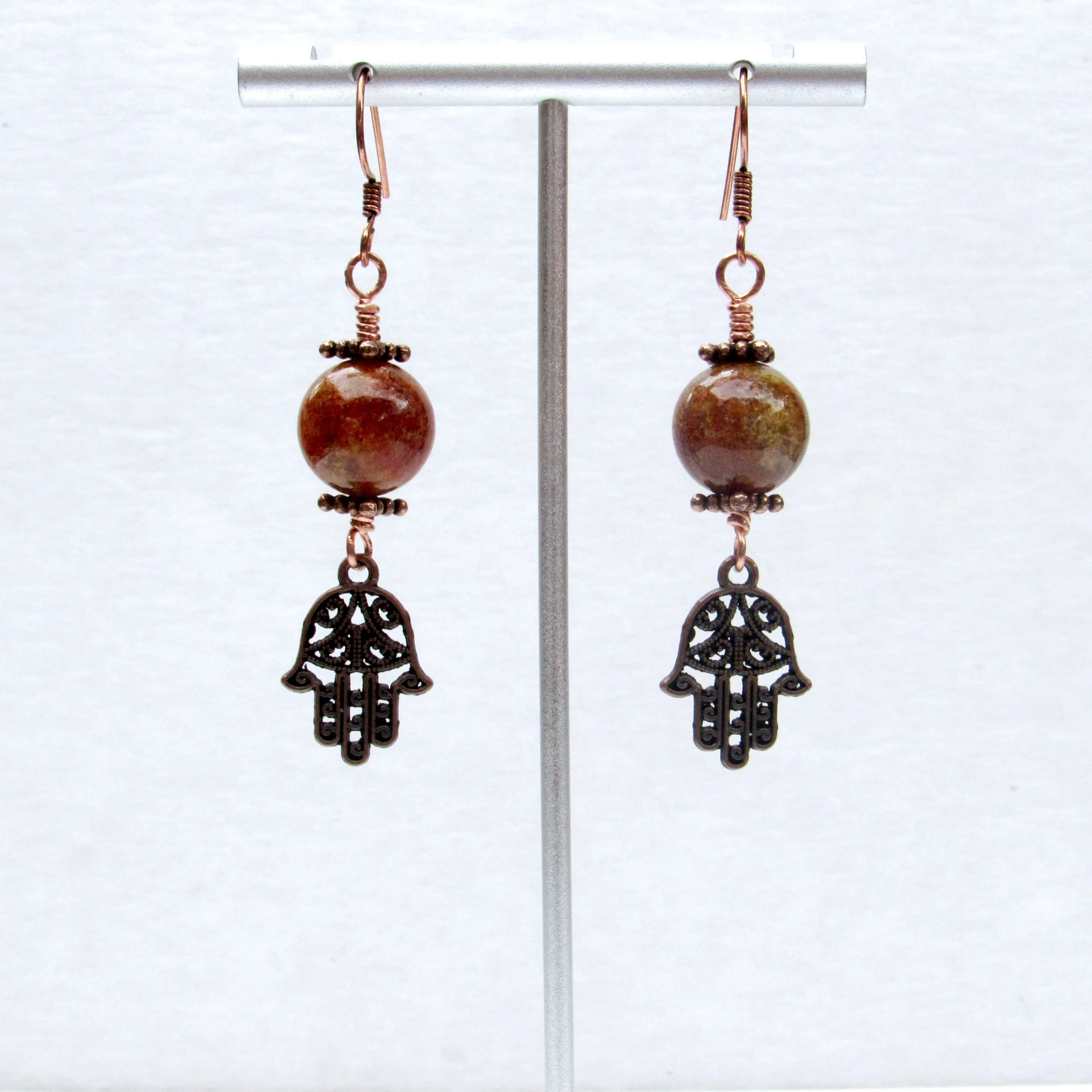 Phantom Ghost gemstones and Copper Hamsa Drop Earrings