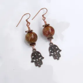 Phantom Ghost gemstones and Copper Hamsa Drop Earrings