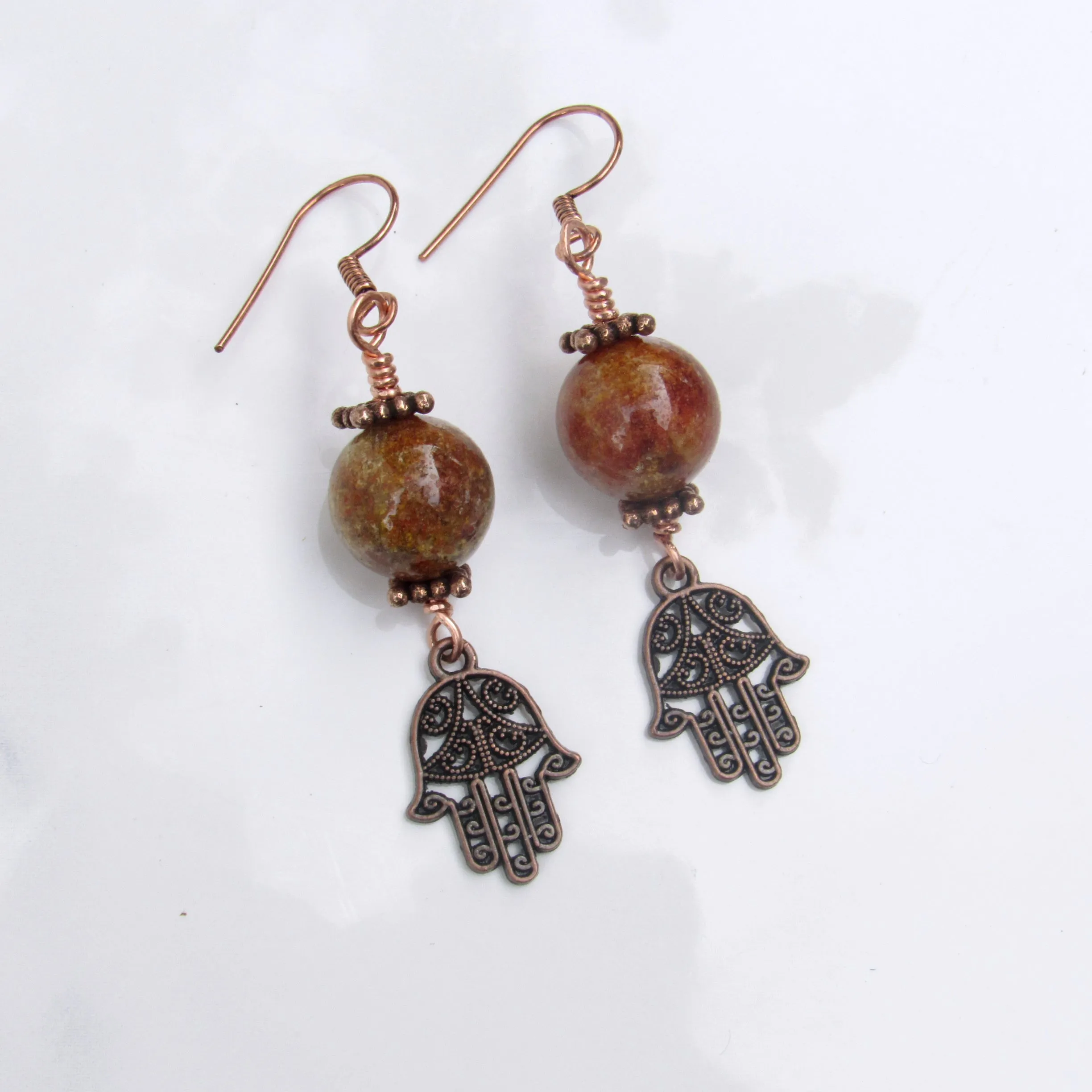 Phantom Ghost gemstones and Copper Hamsa Drop Earrings