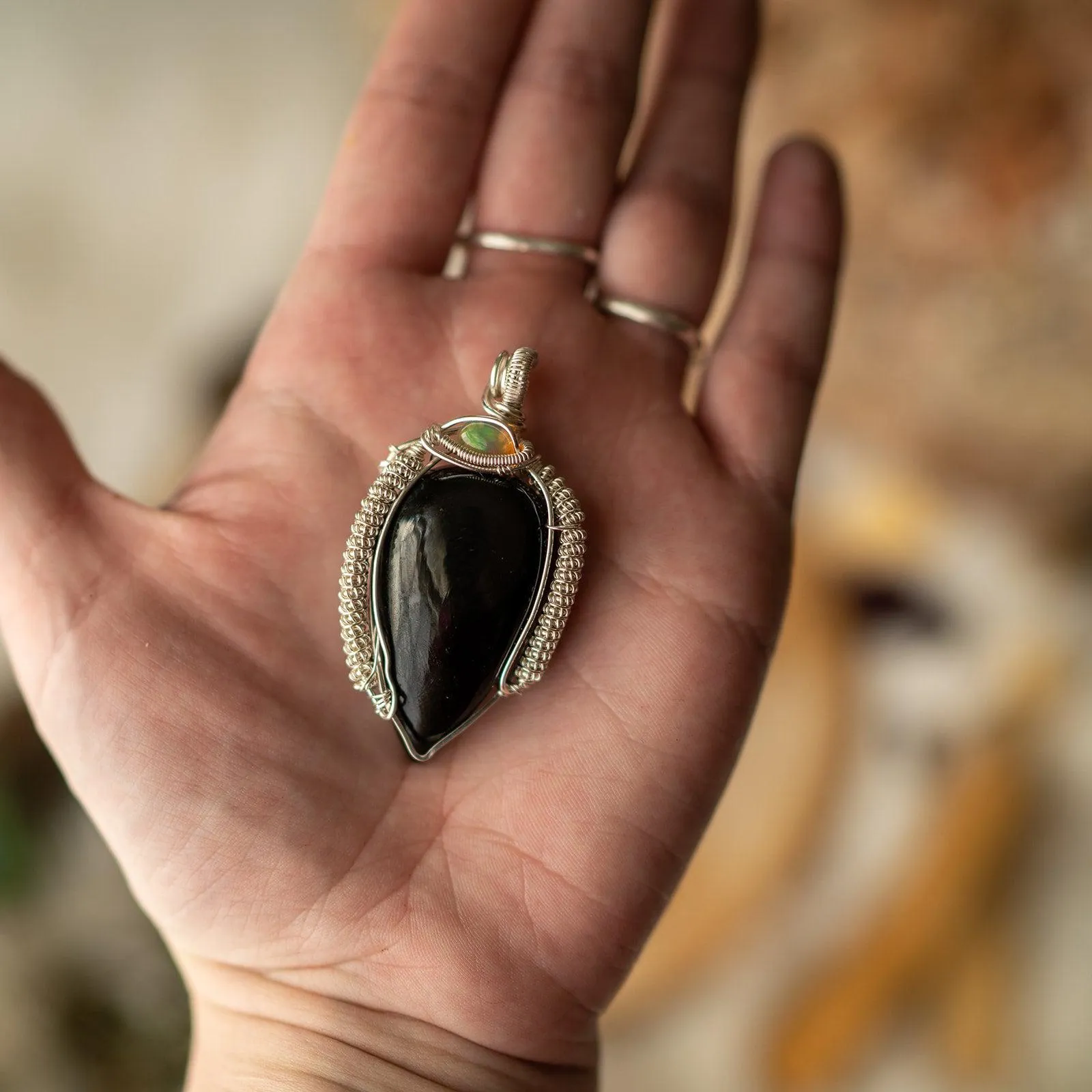 Rainbow Obsidian Pendant ~ Wire Wrapped with Opal~ Statement Piece ~ Beautiful Energy