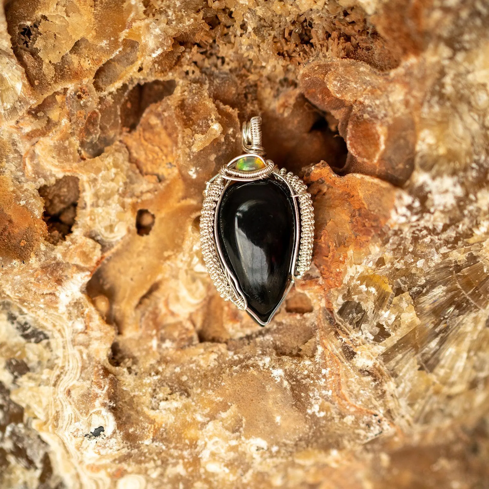 Rainbow Obsidian Pendant ~ Wire Wrapped with Opal~ Statement Piece ~ Beautiful Energy