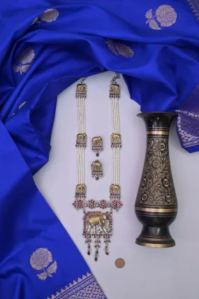 Rajasthani Style Silver and Golden Sitahar Style Long Necklace Set with Monalisa Stonework