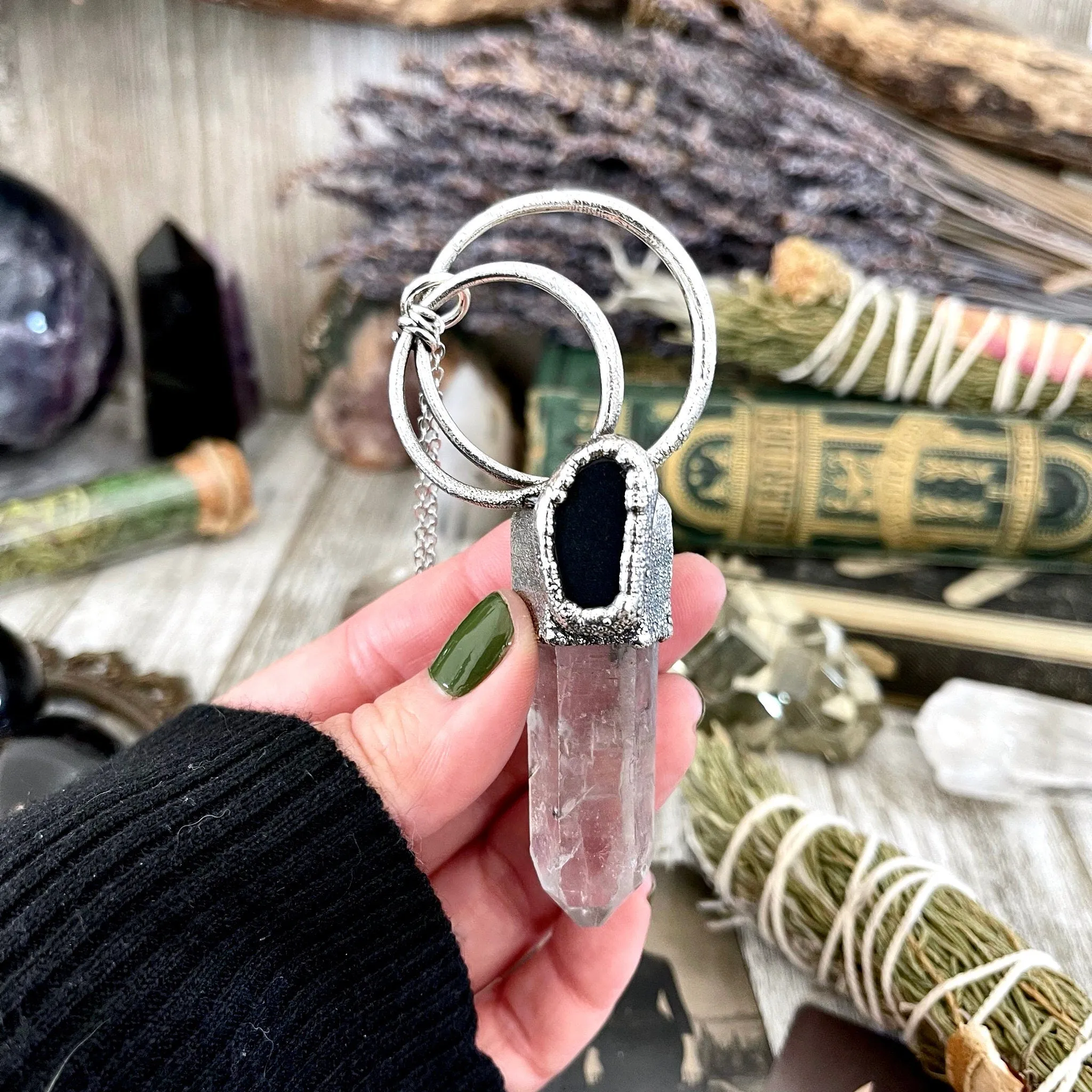 Raw Clear Quartz & Black Onyx Crystal Statement Necklace in Fine Silver / Foxlark Collection - One of a Kind