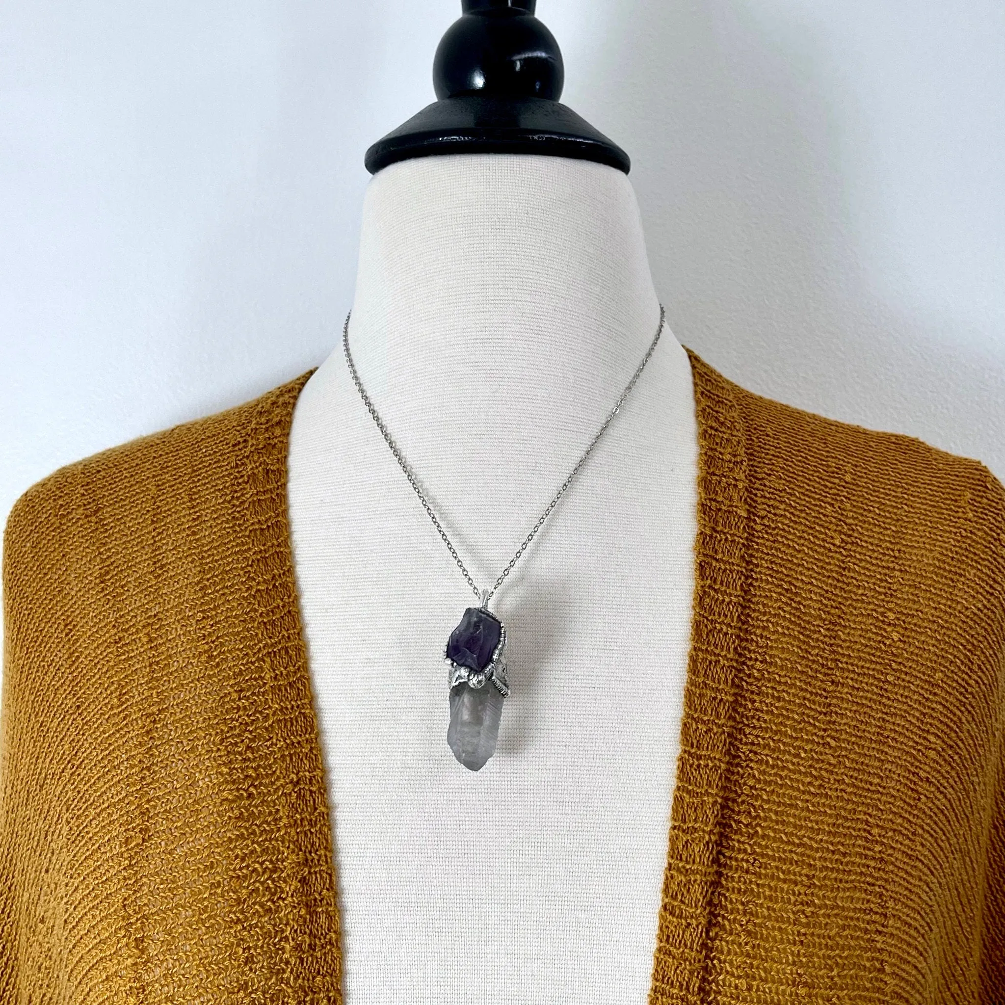 Raw Clear Quartz & Purple Amethyst Crystal Statement Necklace in Fine Silver / Foxlark Collection - One of a Kind