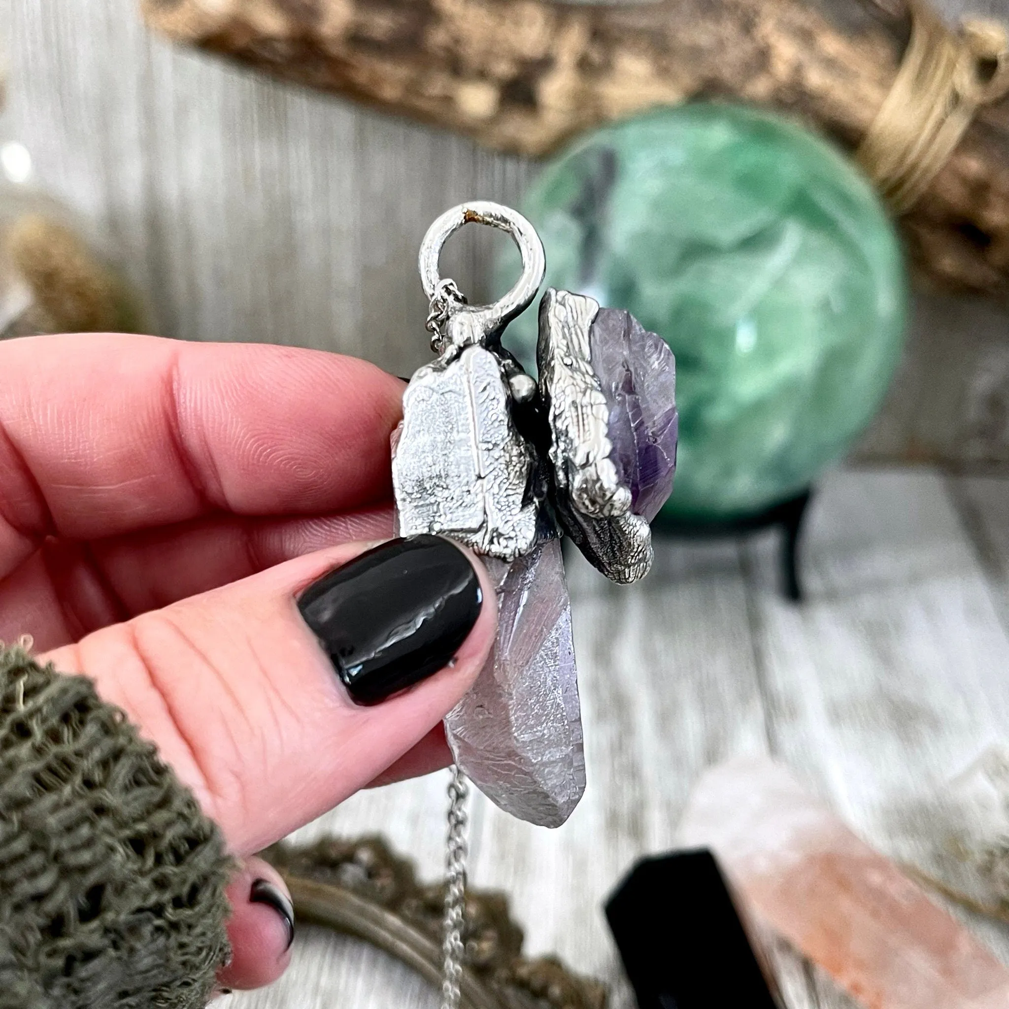 Raw Clear Quartz & Purple Amethyst Crystal Statement Necklace in Fine Silver / Foxlark Collection - One of a Kind