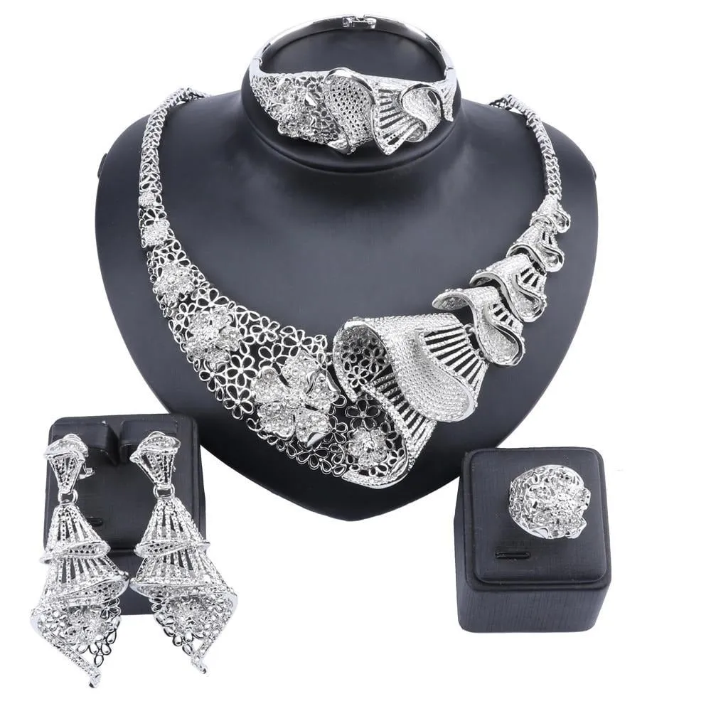 Retro Flower Crystal Necklace, Bracelet, Earrings & Ring Wedding Statement Jewelry Set