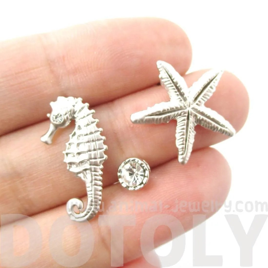 Seahorse Starfish and Rhinestone Shaped Allergy Free Stud Earrings in Silver | Animal Jewelry