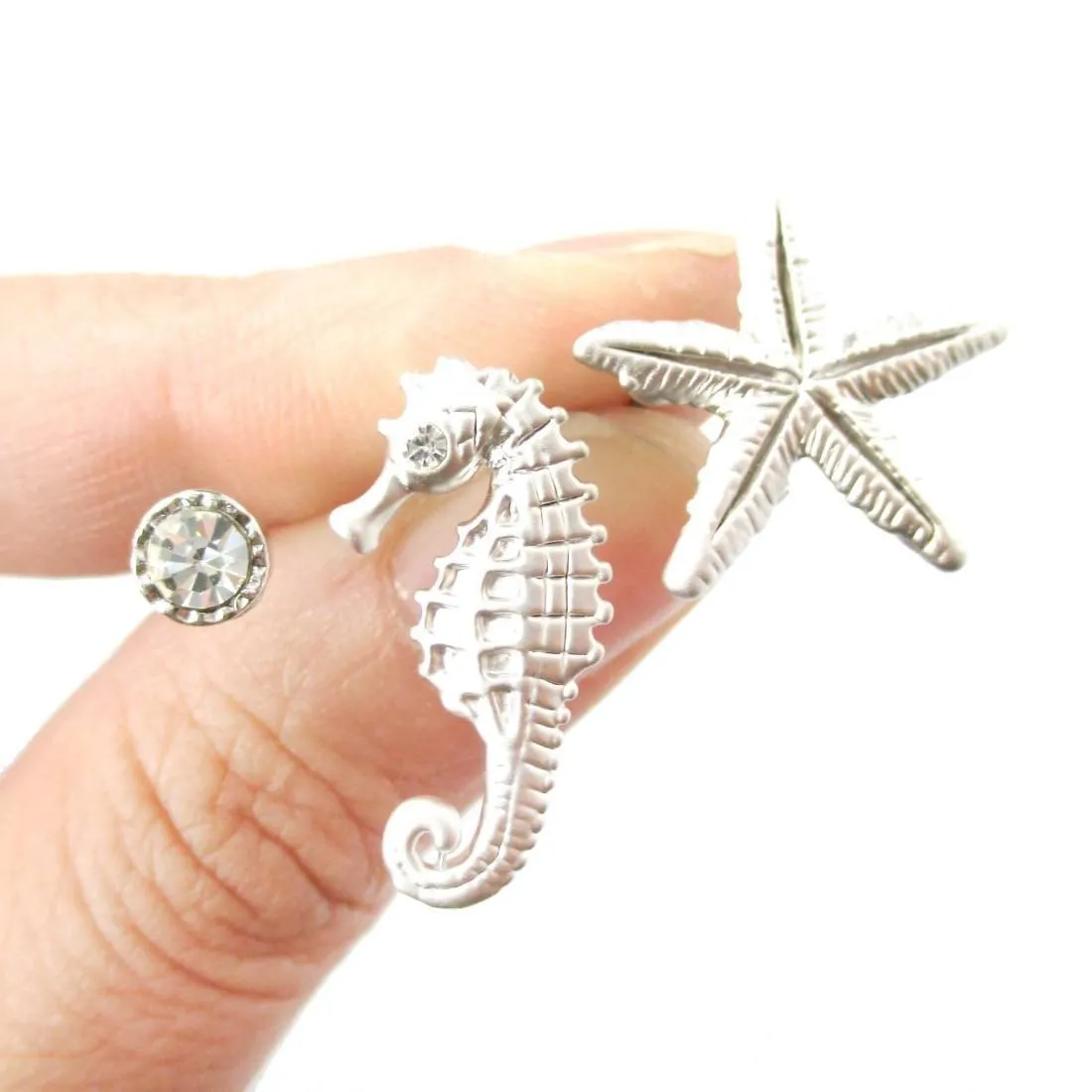 Seahorse Starfish and Rhinestone Shaped Allergy Free Stud Earrings in Silver | Animal Jewelry