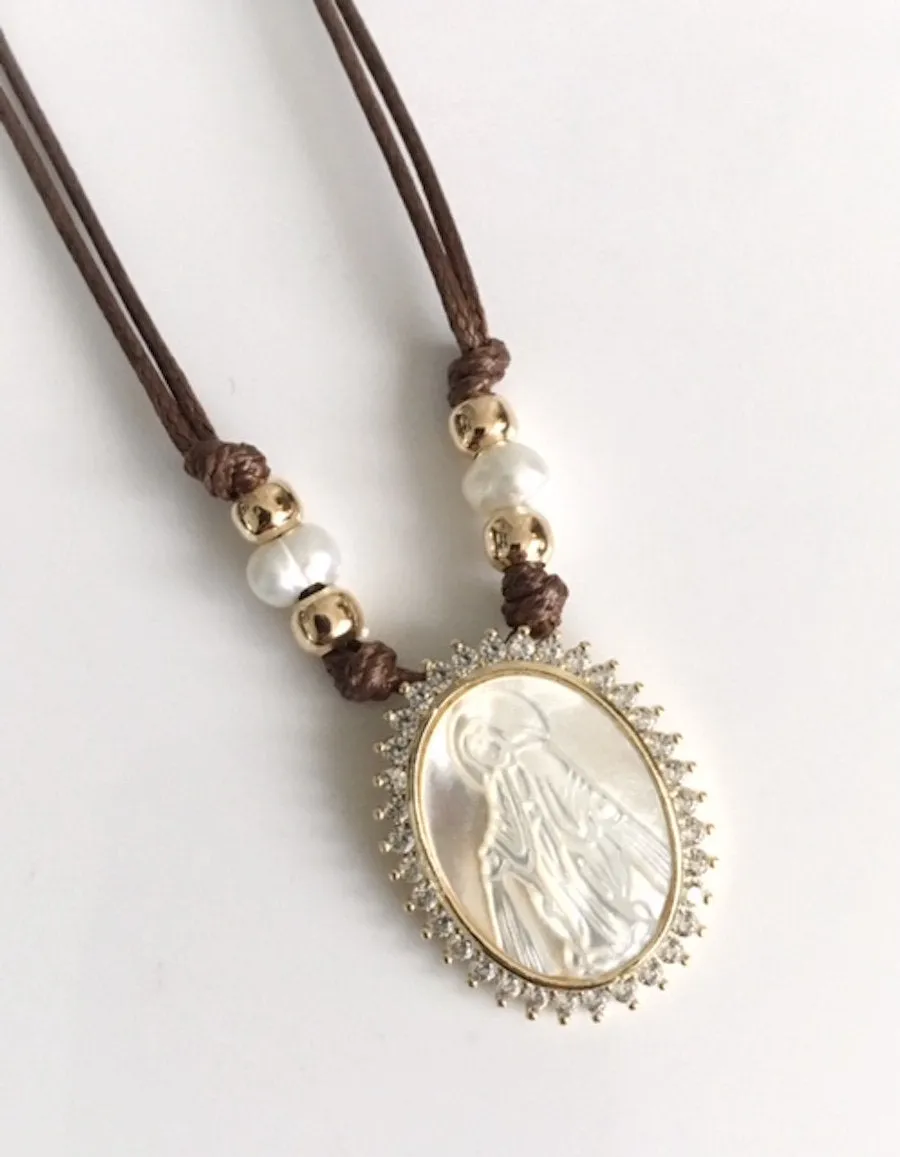 Shell Jewelry, Mother of Pearl Miraculous Medallion Necklace, Virgen de La Milagrosa, Gold Virgin Mary Pendant, CZ Charm Virgin Mary Jewelry