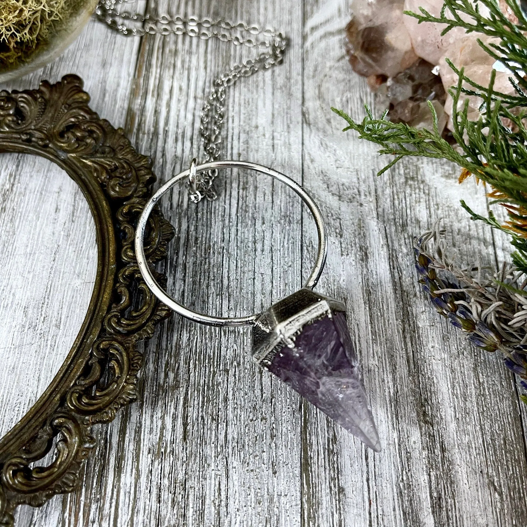 Silver Amethyst Crystal Pendulum Necklace in Fine Silver / Foxlark Collection