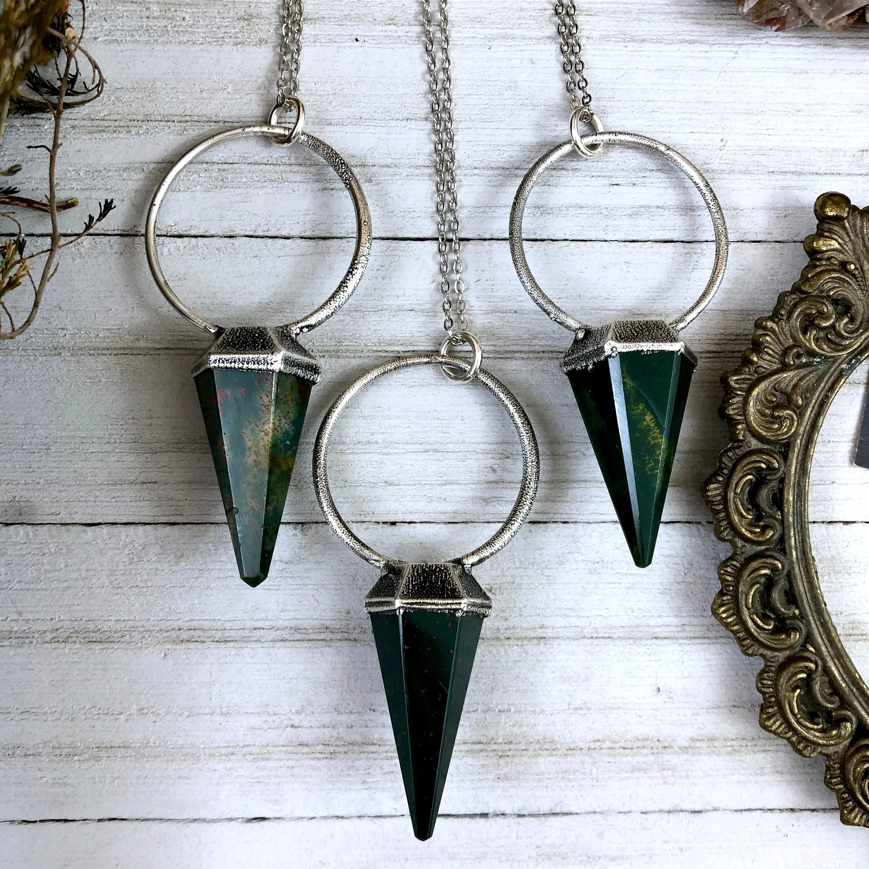 Silver Crystal Pendulum Necklace / Bloodstone Necklace in Silver