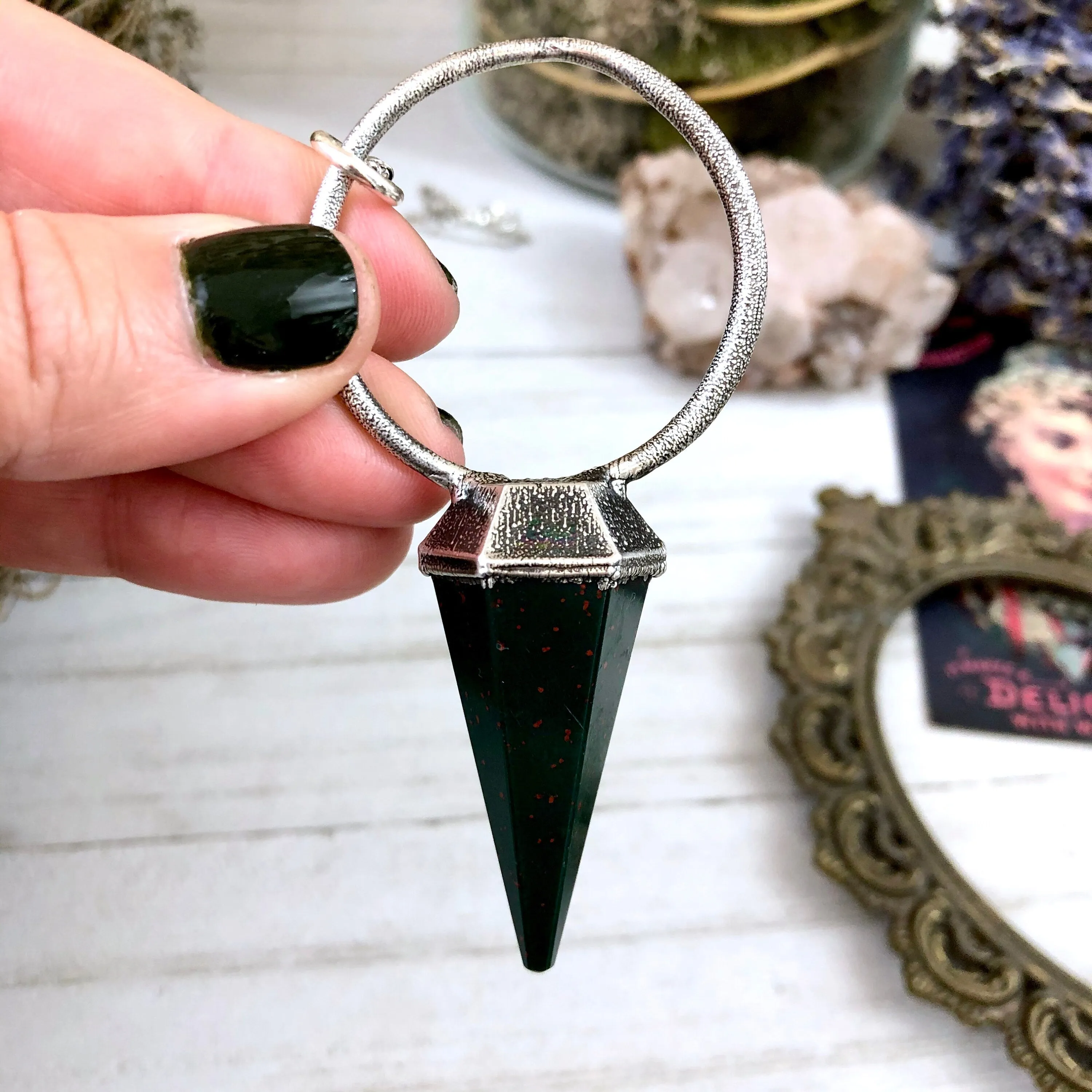 Silver Crystal Pendulum Necklace / Bloodstone Necklace in Silver