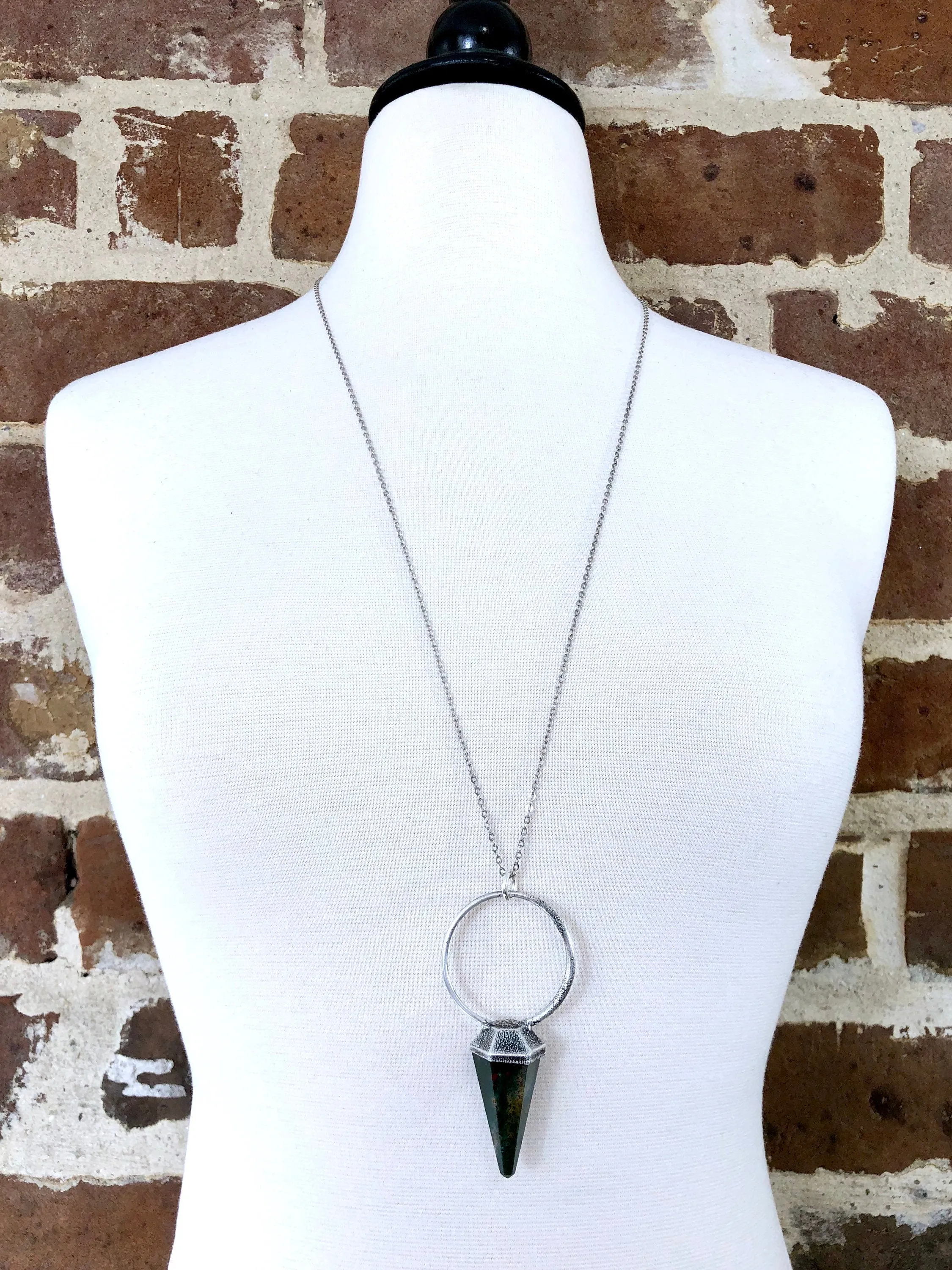 Silver Crystal Pendulum Necklace / Bloodstone Necklace in Silver