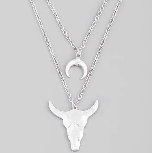 Silver Layered Chain Bull Head Pendant Necklace