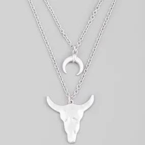 Silver Layered Chain Bull Head Pendant Necklace