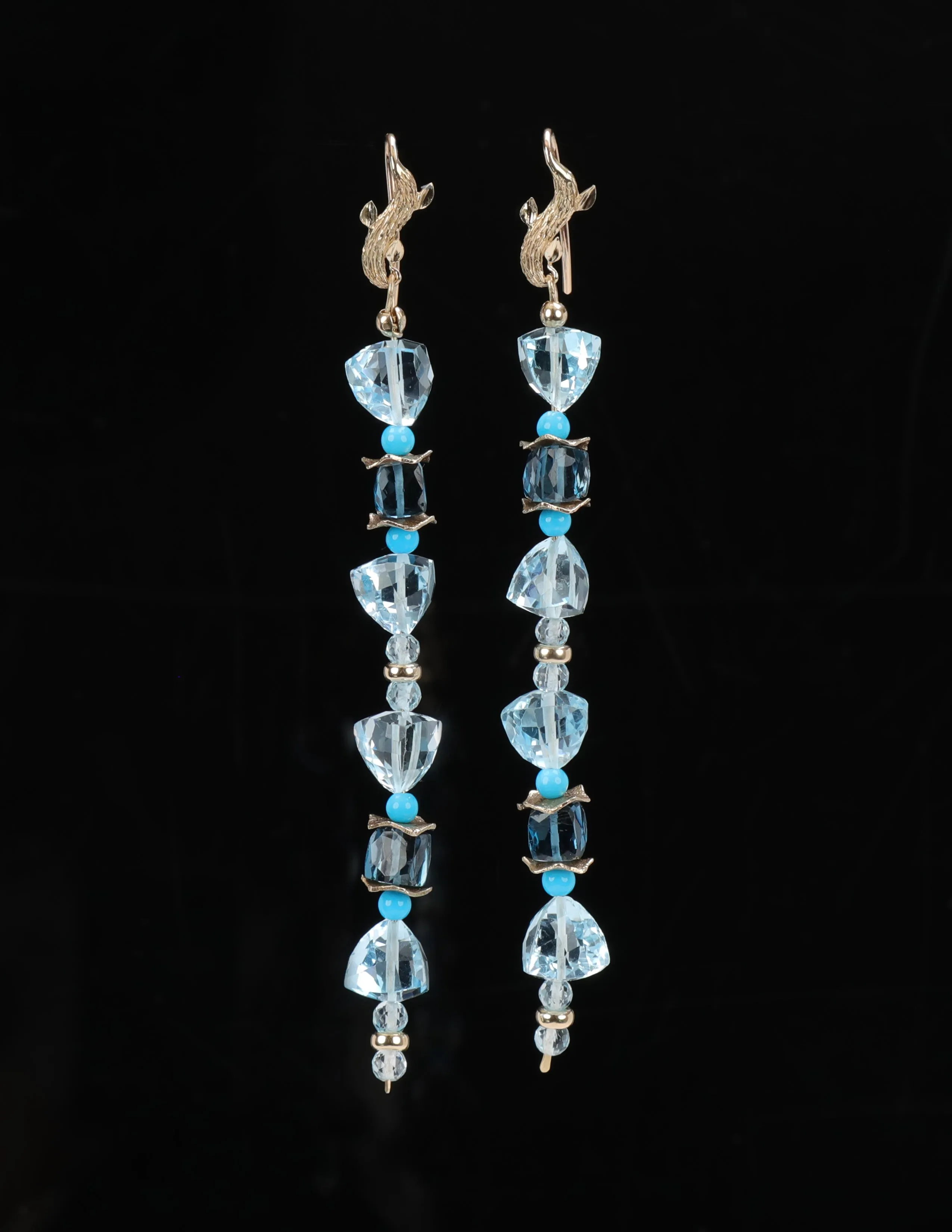 Sky and London Blue Topaz, Turquoise, and Gold Dangle Earrings