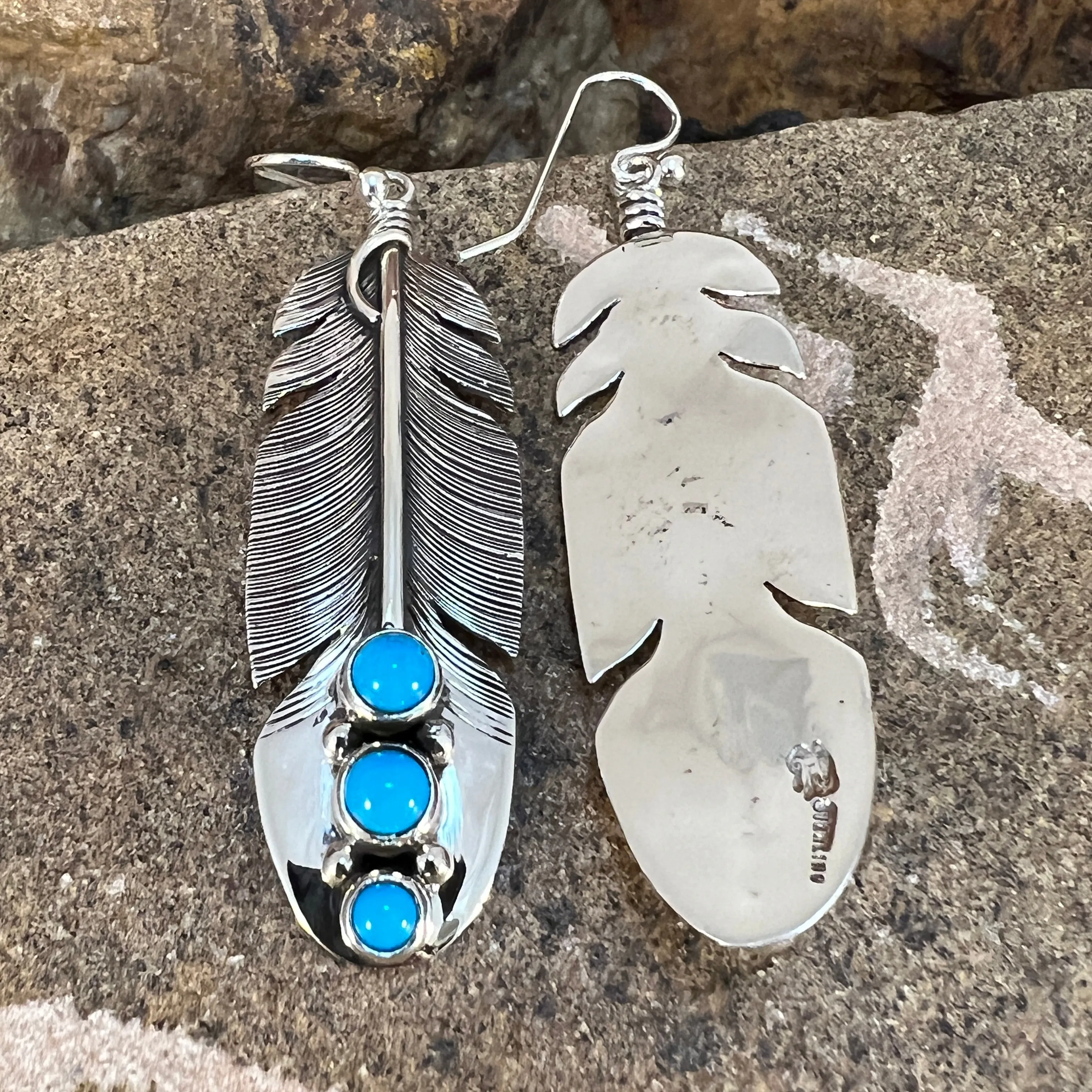 Sleeping Beauty Turquoise Sterling Sliver Feather Earrings by Lena Platero