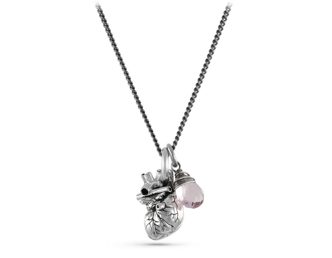 Small Anatomical Heart Necklace with Rose Quartz - Silver