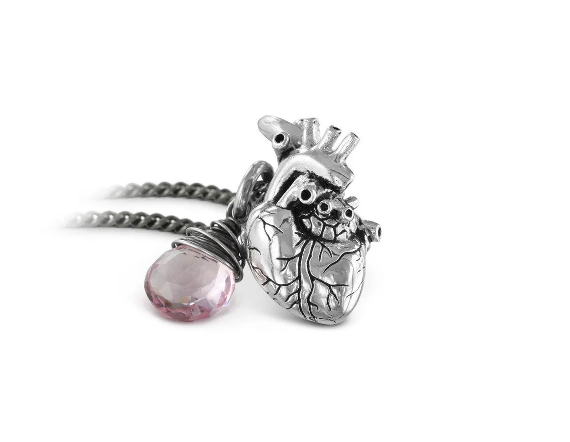 Small Anatomical Heart Necklace with Rose Quartz - Silver