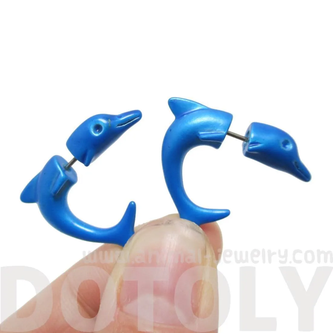 Small Blue Dolphin Sea Animal Shaped Front and Back Stud Earrings