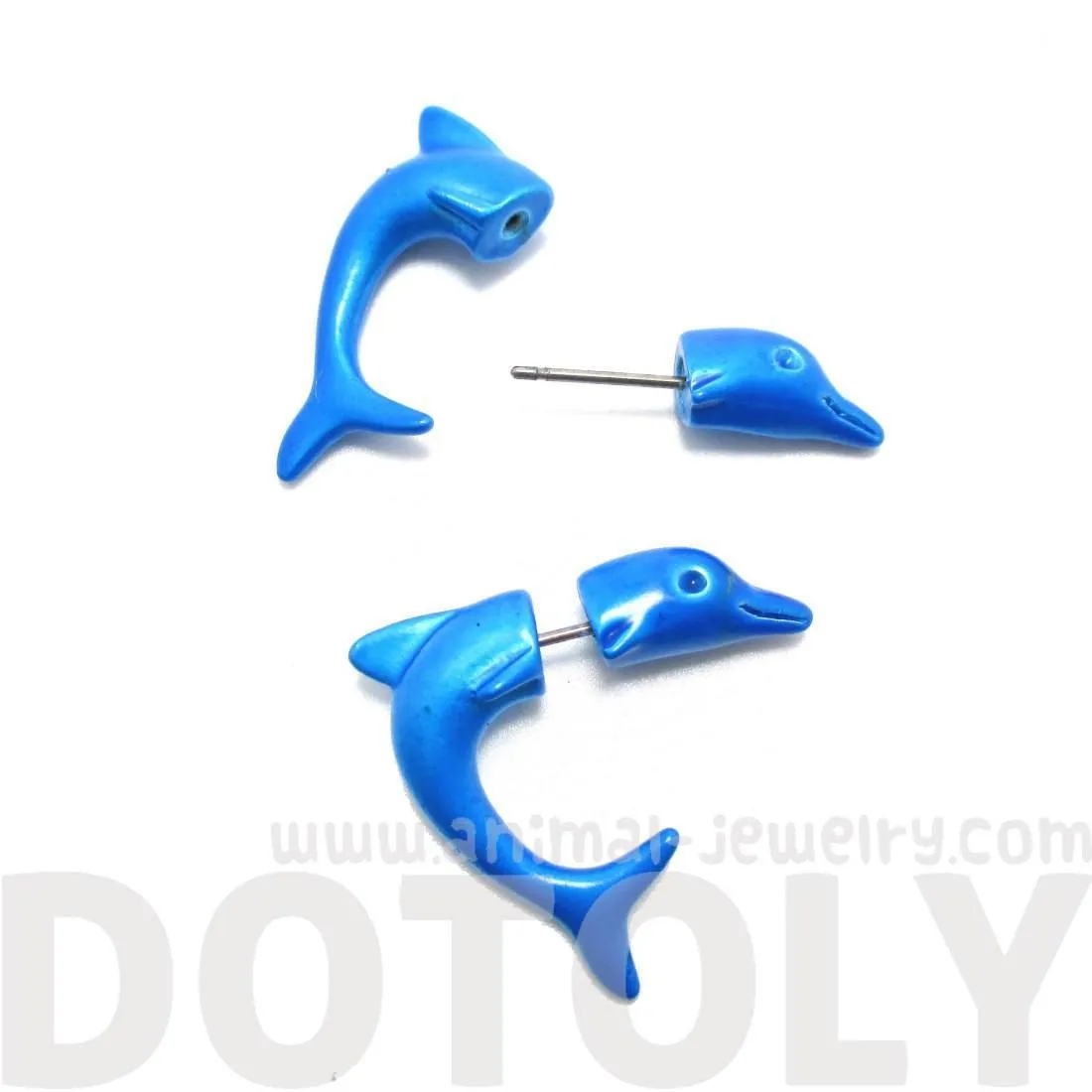 Small Blue Dolphin Sea Animal Shaped Front and Back Stud Earrings