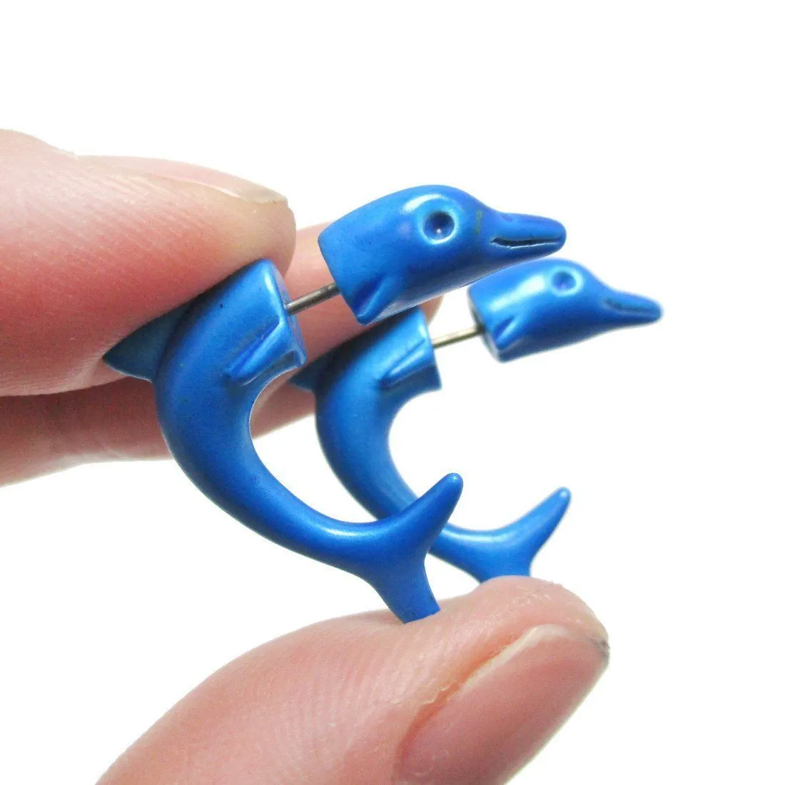 Small Blue Dolphin Sea Animal Shaped Front and Back Stud Earrings