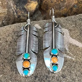 Sonoran Gold & Orange Spiny Oyster Sterling Sliver Feather Earrings by Lena Platero