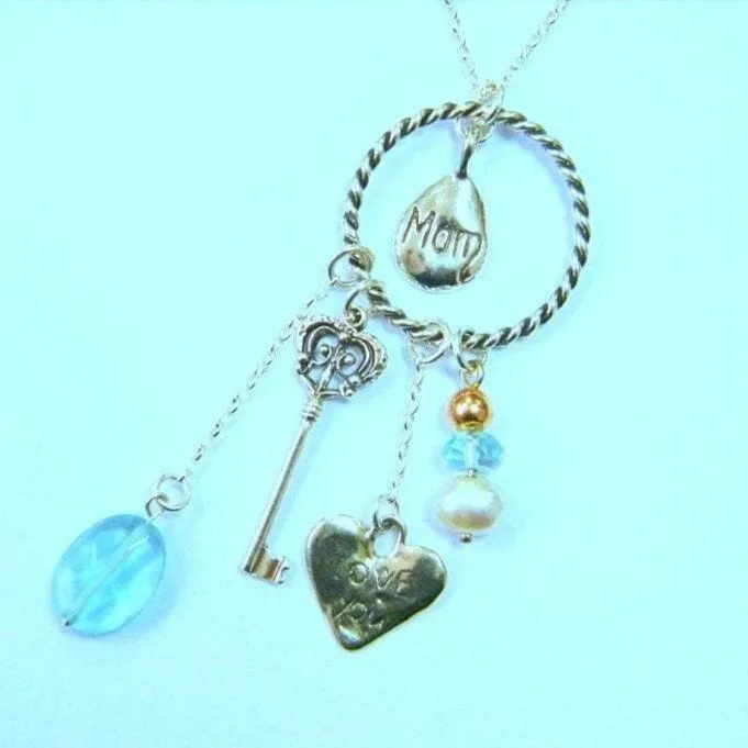 Sterling Silver Charms Necklace Pendants Heart Key Aquamarine Israeli necklace jewelry