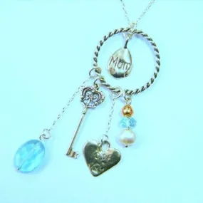 Sterling Silver Charms Necklace Pendants Heart Key Aquamarine Israeli necklace jewelry