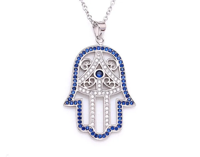 Sterling Silver Classic Hamsa Necklace Rhodium Plated (Blue Stones)