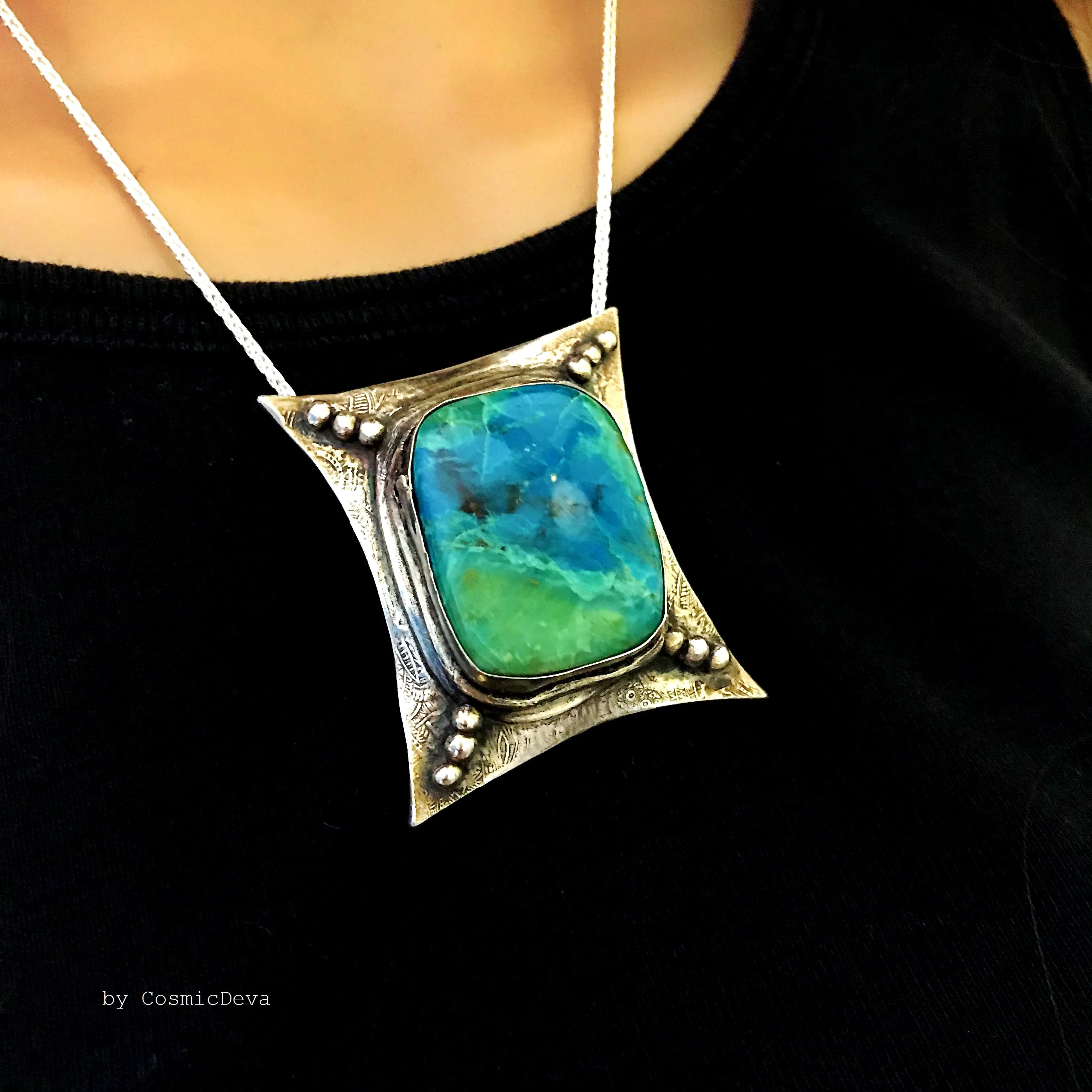 Sterling Silver Pendant Chrysocolla Necklace - Handcrafted