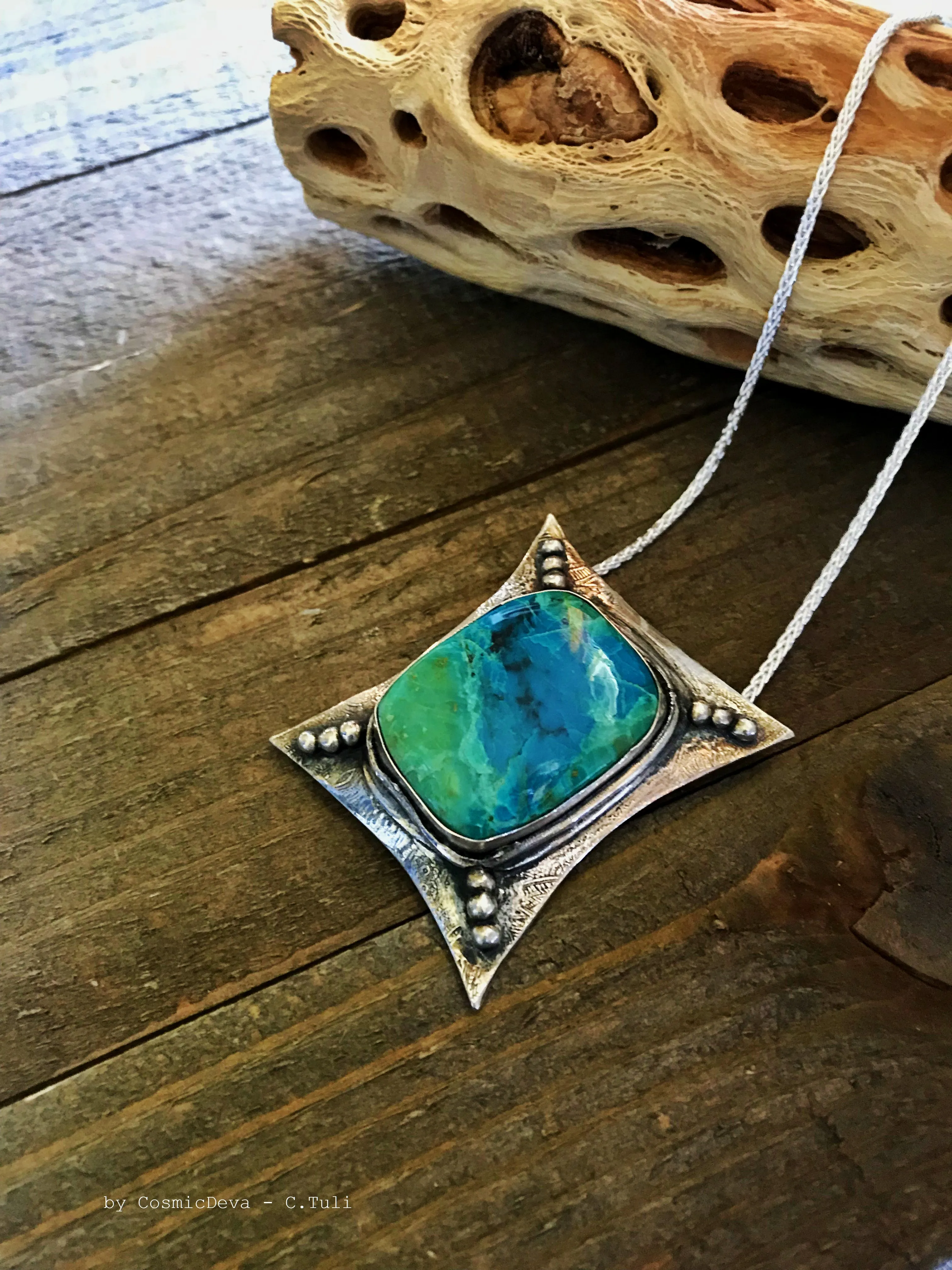 Sterling Silver Pendant Chrysocolla Necklace - Handcrafted