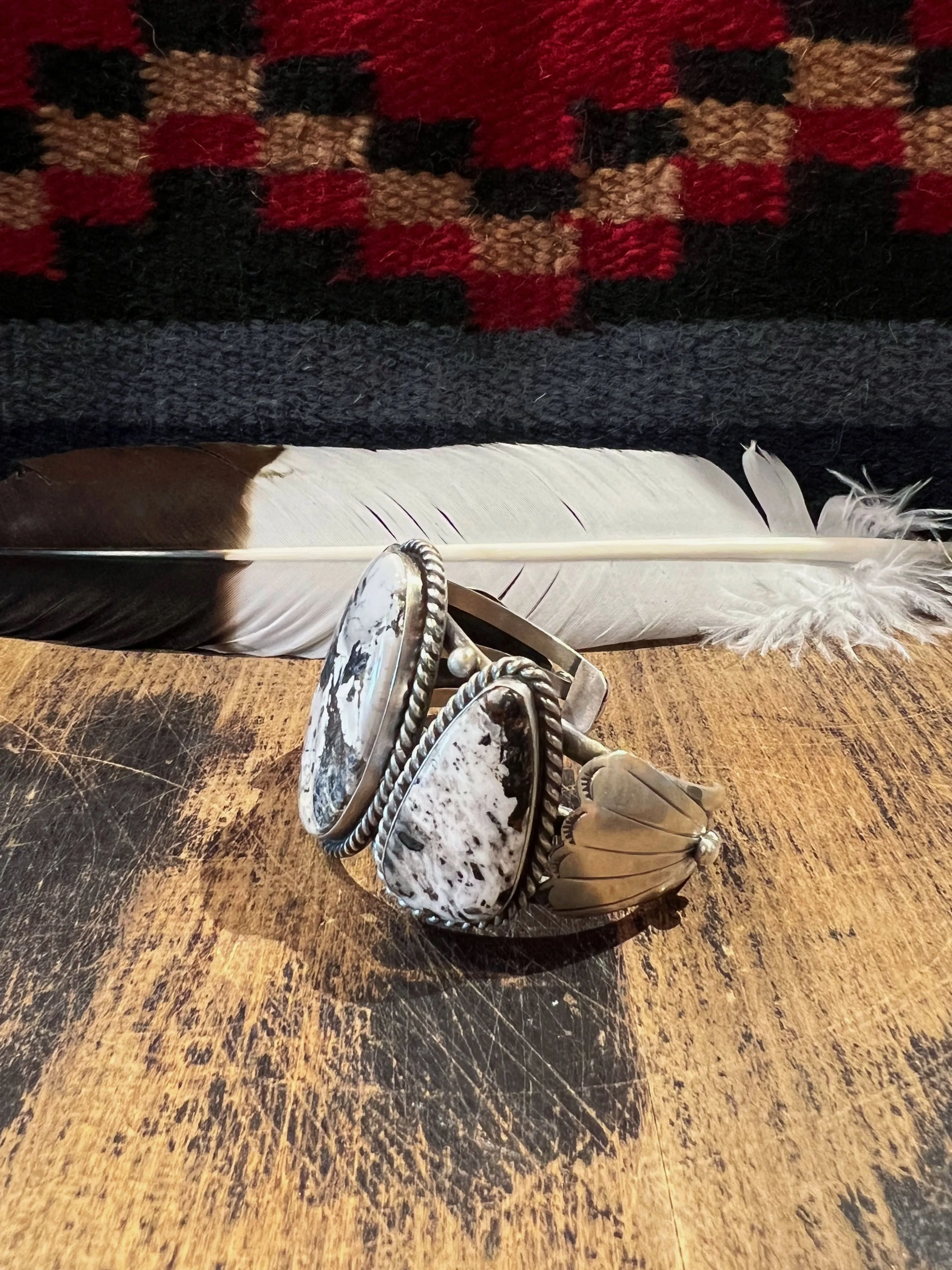 STONE IN LOVE Navajo 3 Stone White Buffalo Turquoise Silver Cuff Bracelet, By Augustine Largo