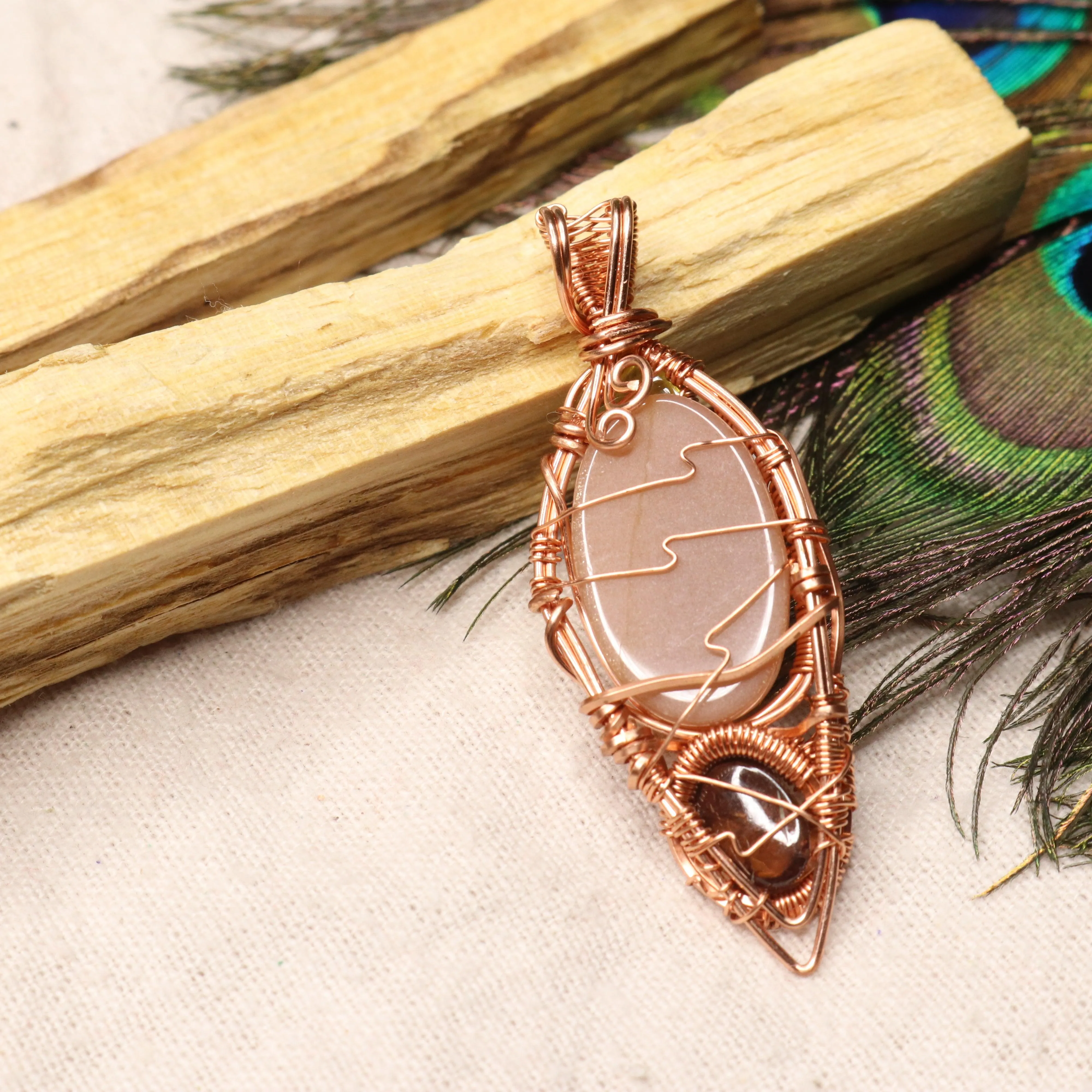 Stunning Peach Moonstone Pendant with Yellow and Pink Tourmaline Accents ~ Wire Wrapped~ Includes Copper Chain