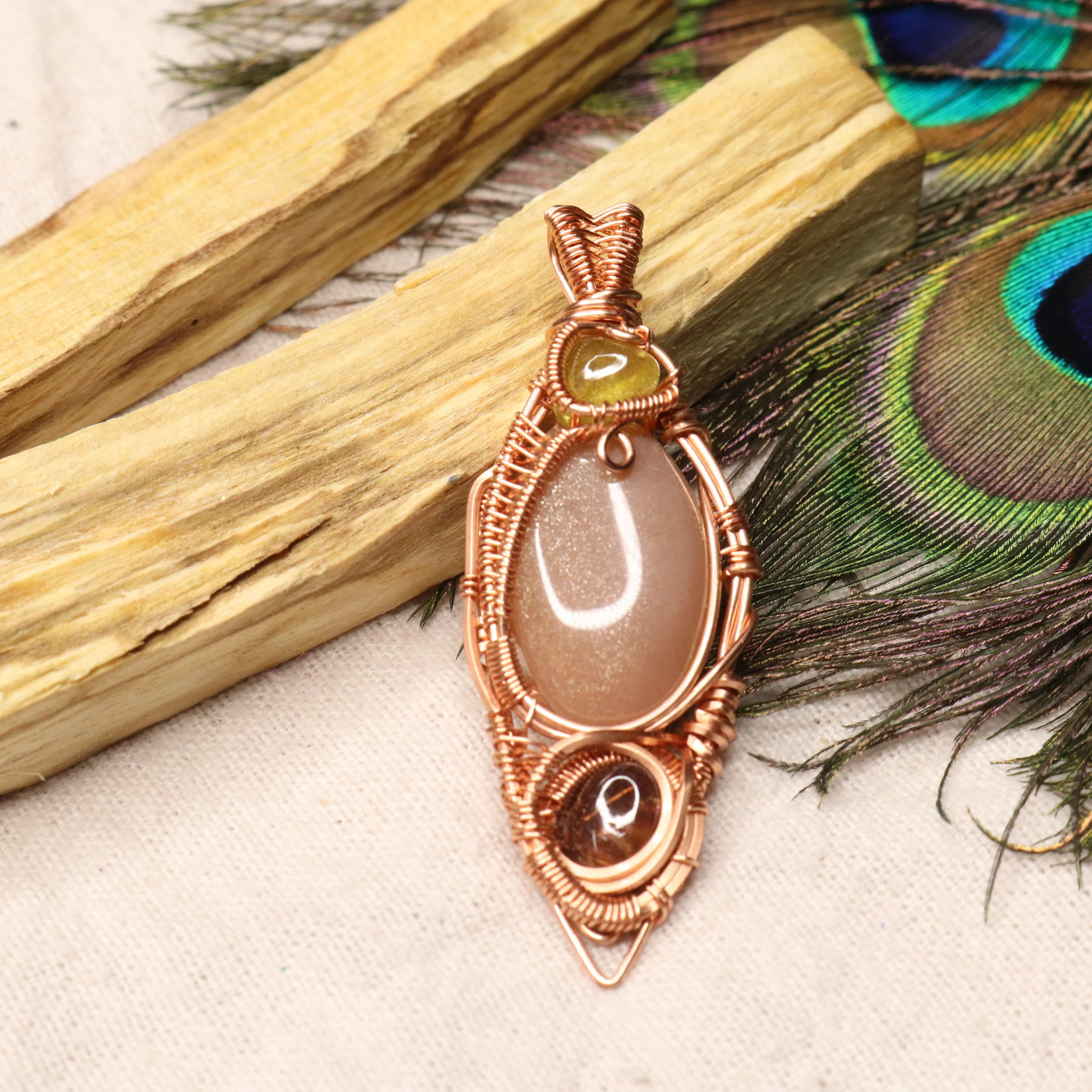 Stunning Peach Moonstone Pendant with Yellow and Pink Tourmaline Accents ~ Wire Wrapped~ Includes Copper Chain