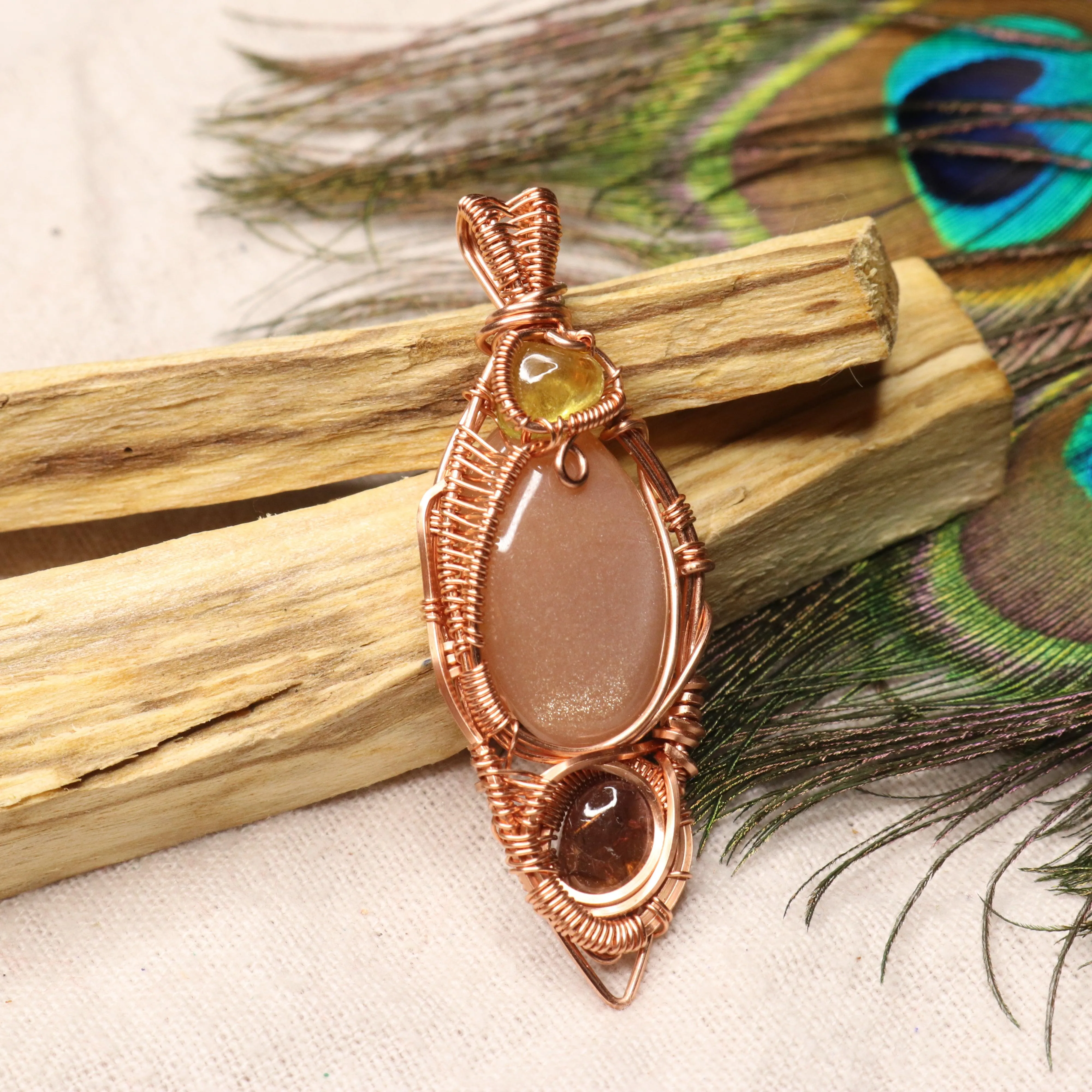 Stunning Peach Moonstone Pendant with Yellow and Pink Tourmaline Accents ~ Wire Wrapped~ Includes Copper Chain