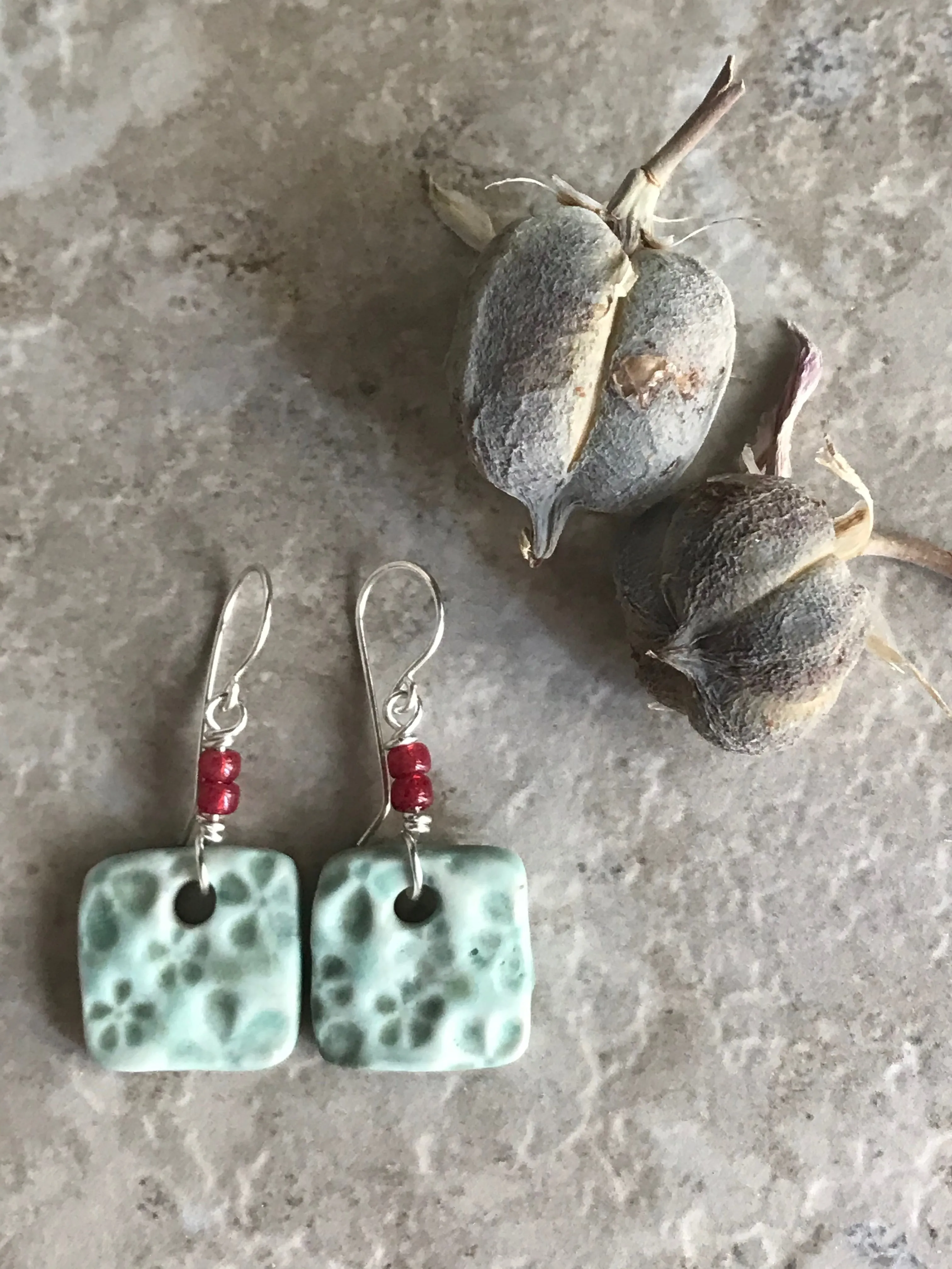 Sweet Green Floral Square Earrings, Handmade Earrings with Glass Beads