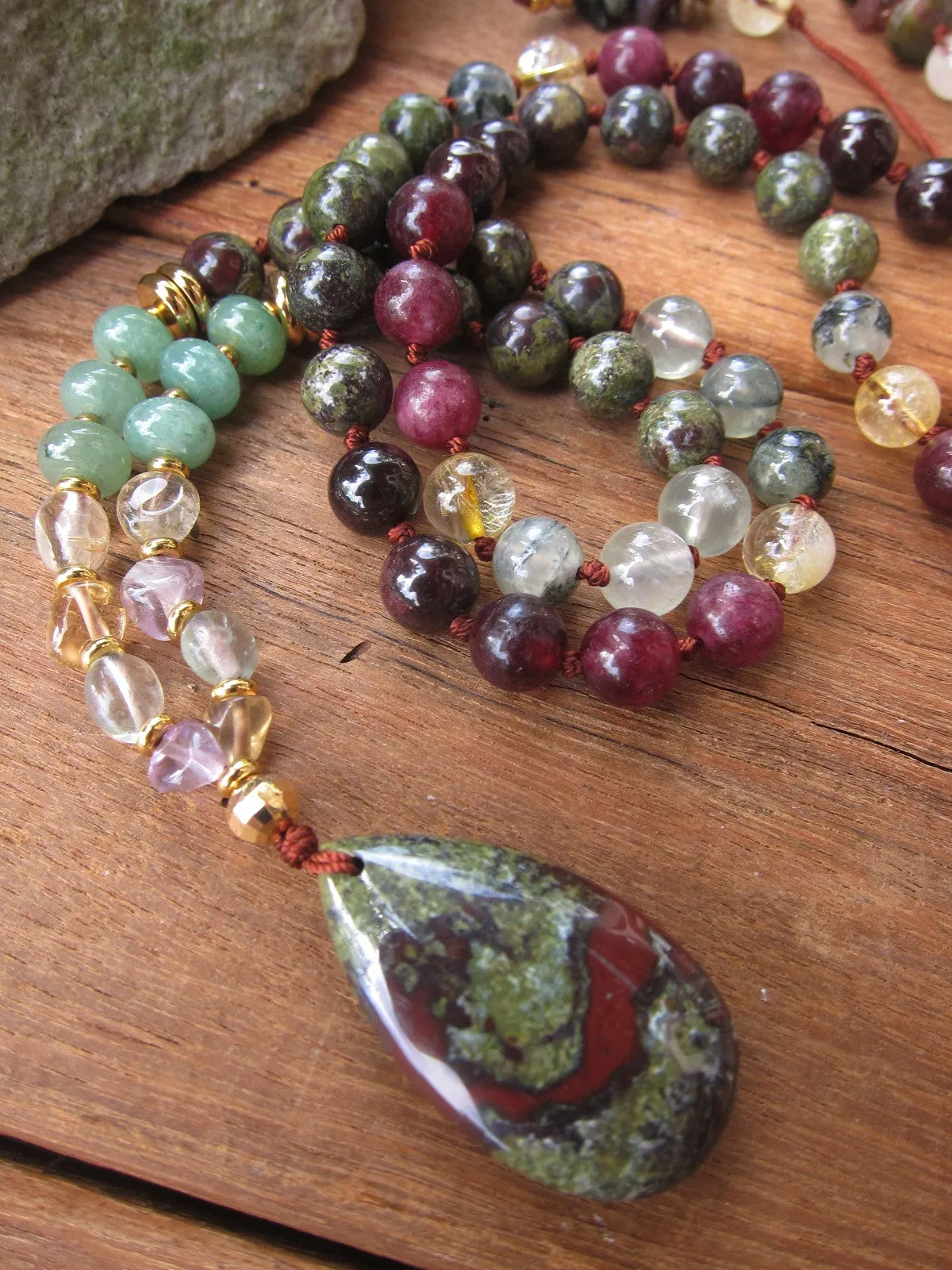 The Divine Goddess Mala Necklace in Bloodstone, Garnet, Tourmaline with matching Tear-drop Bloodstone Pendant Necklace