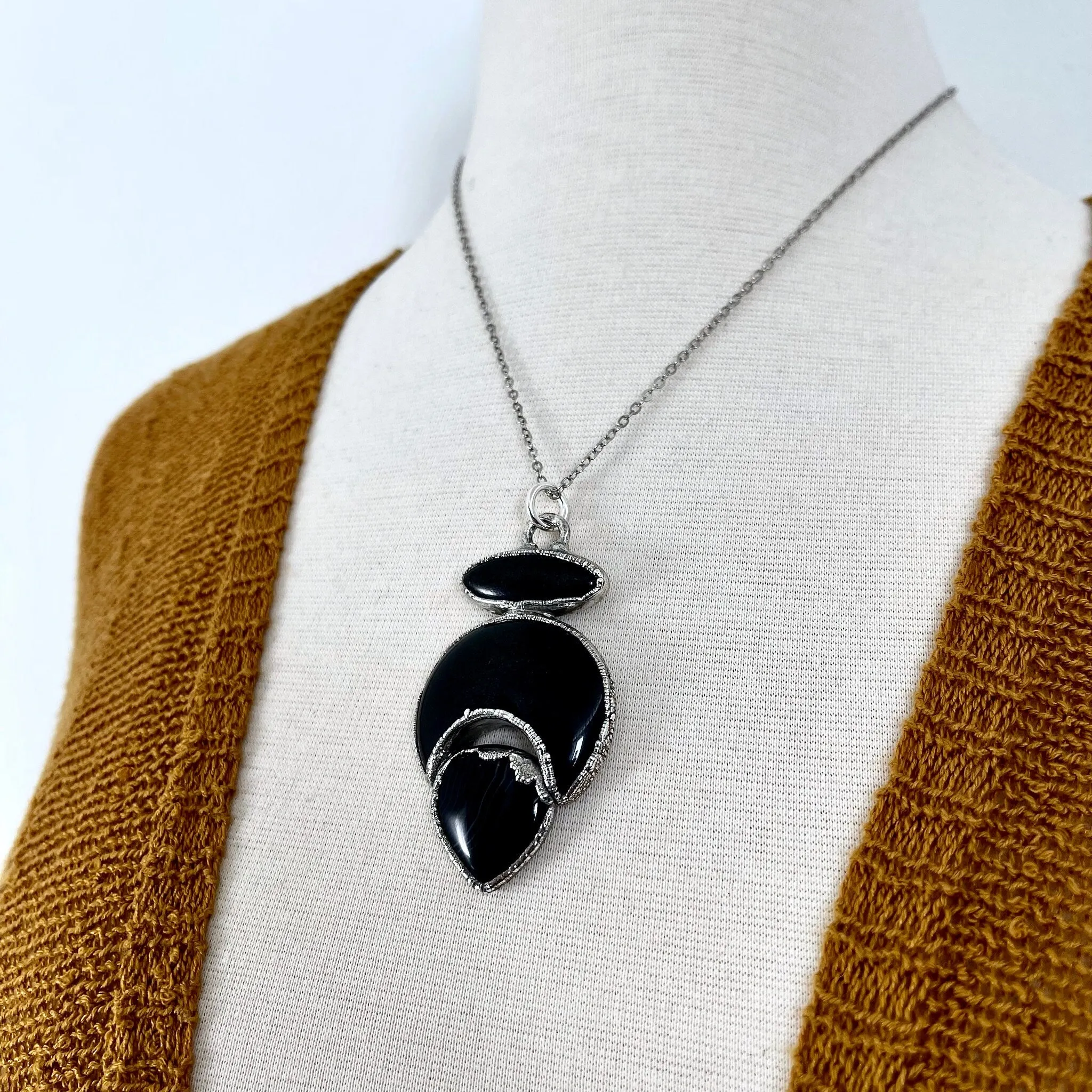 Three Stone Black Onyx Black Banded Agate Necklace in Fine Silver / Foxlark - One of a Kind Jewelry /