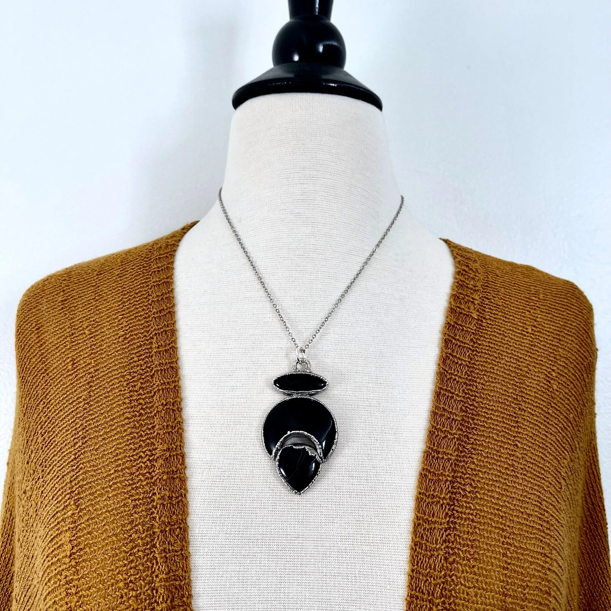 Three Stone Black Onyx Black Banded Agate Necklace in Fine Silver / Foxlark - One of a Kind Jewelry /