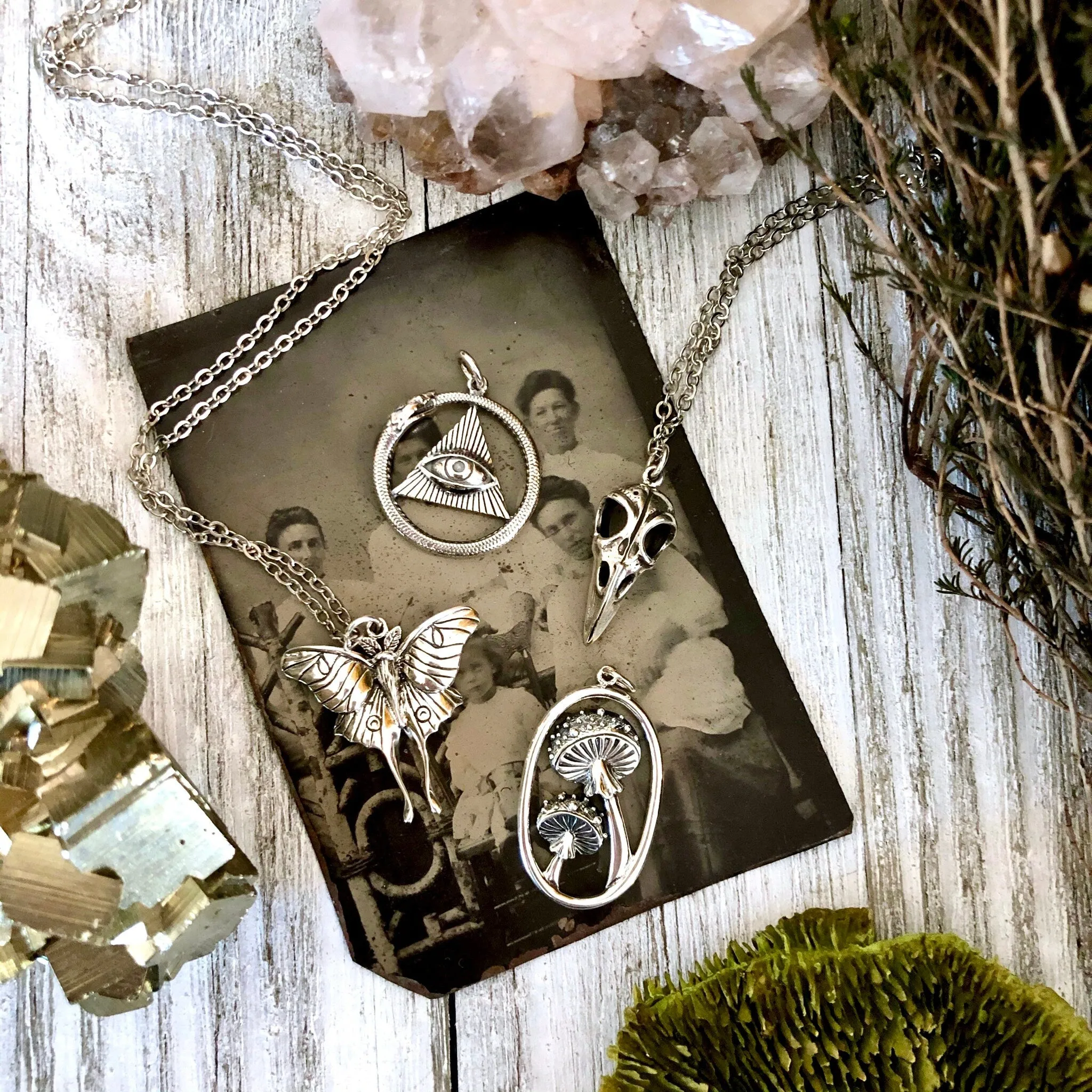 Tiny Talisman Collection - Silver Mushroom with Bronze Star and Moon Necklace 26x15mm  /