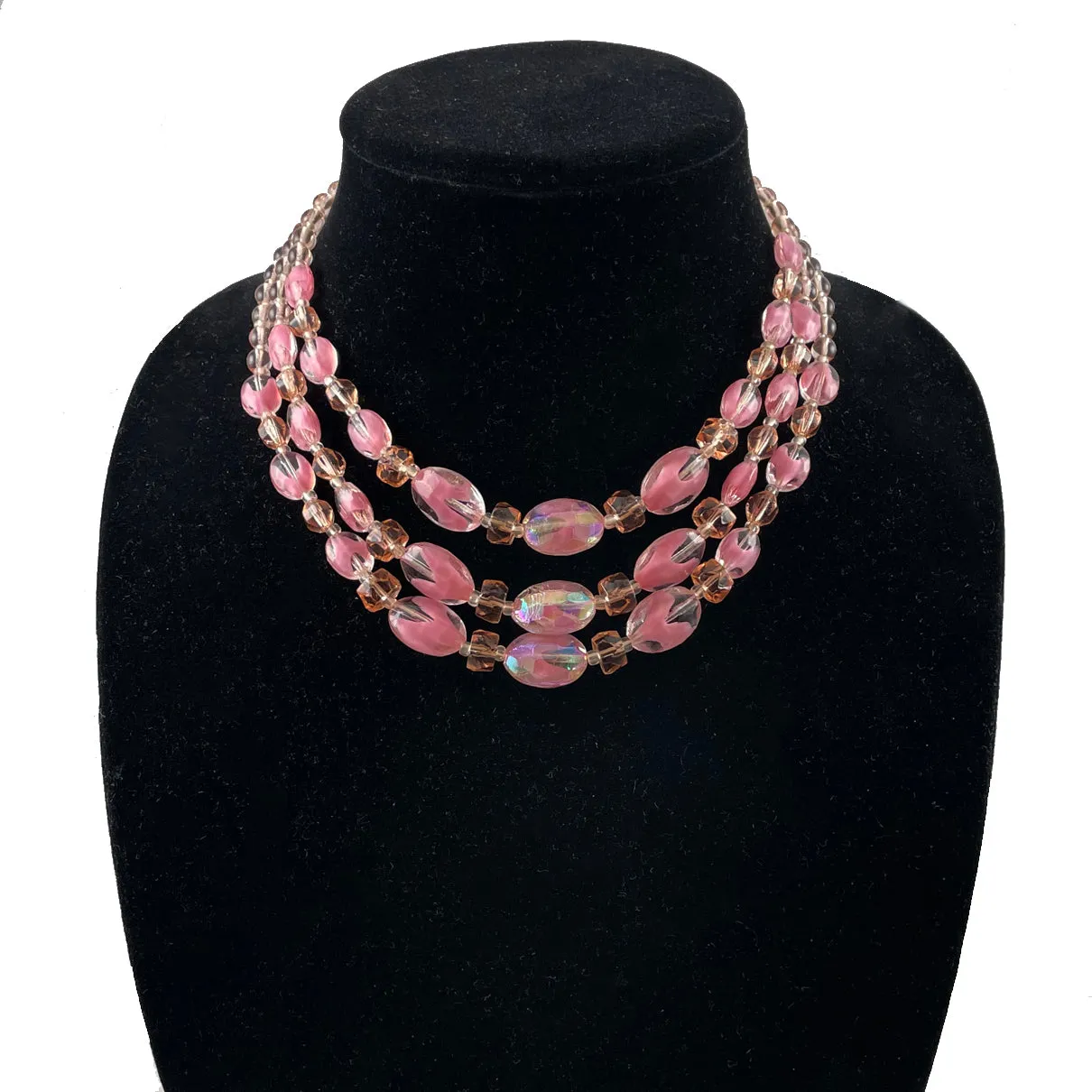 Triple Strand Pink Givre Beaded Necklace Vintage W. German