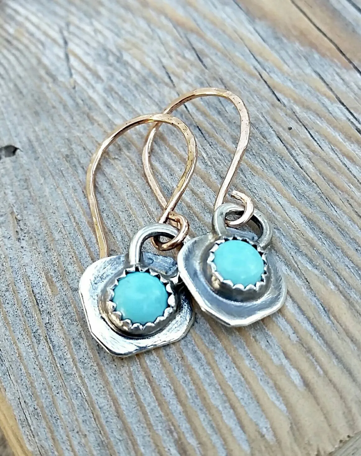 Turquoise Dangle Earrings, Sterling Silver And Gold Mixed Metal, Rustic Cowgirl Southwest Boho style Jewelry