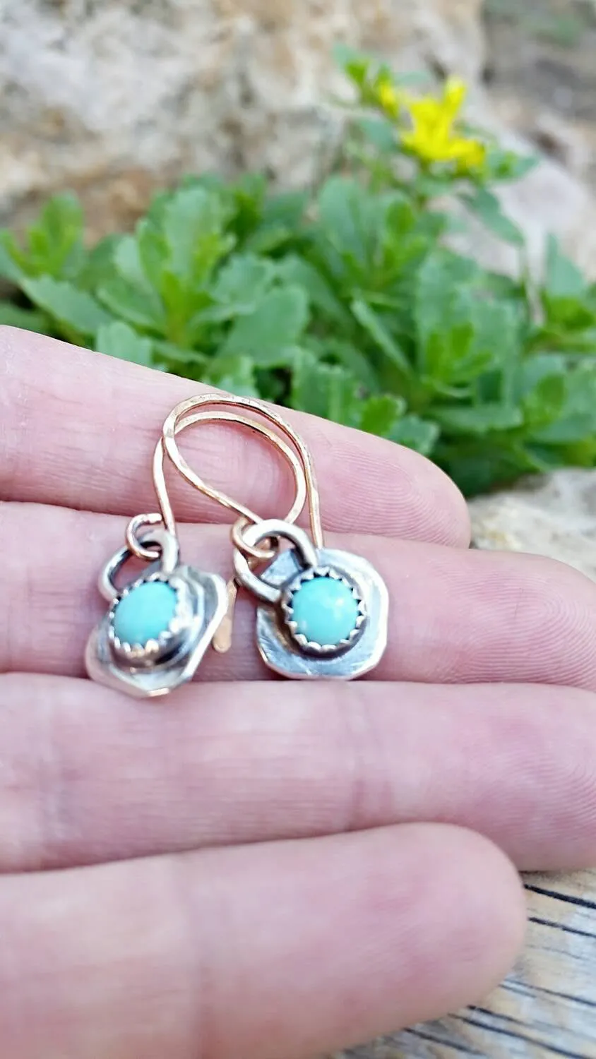 Turquoise Dangle Earrings, Sterling Silver And Gold Mixed Metal, Rustic Cowgirl Southwest Boho style Jewelry