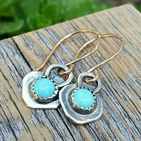 Turquoise Dangle Earrings, Sterling Silver And Gold Mixed Metal, Rustic Cowgirl Southwest Boho style Jewelry